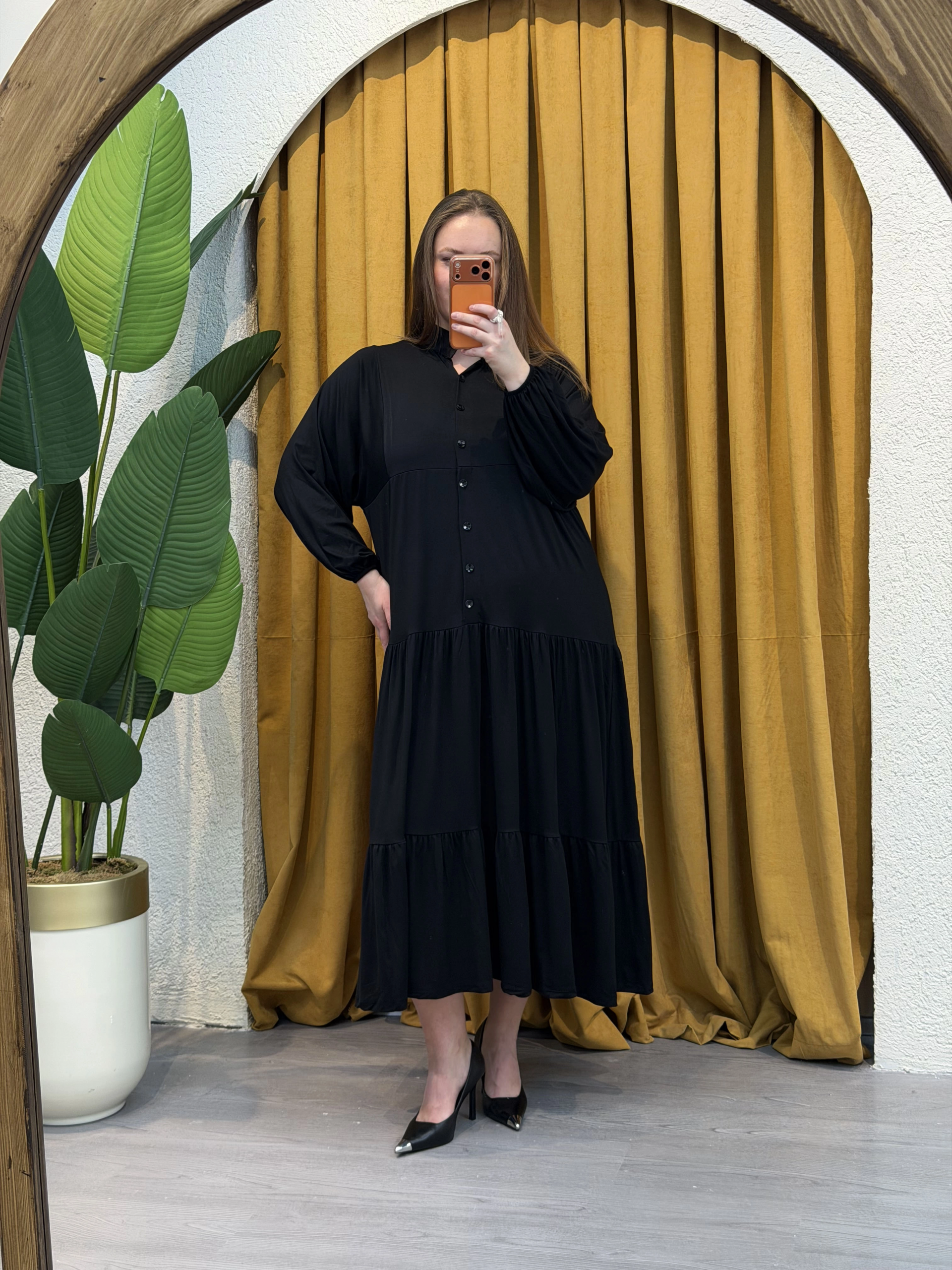 Hakim Yaka Esnek Penye Gömlek Elbise - Siyah