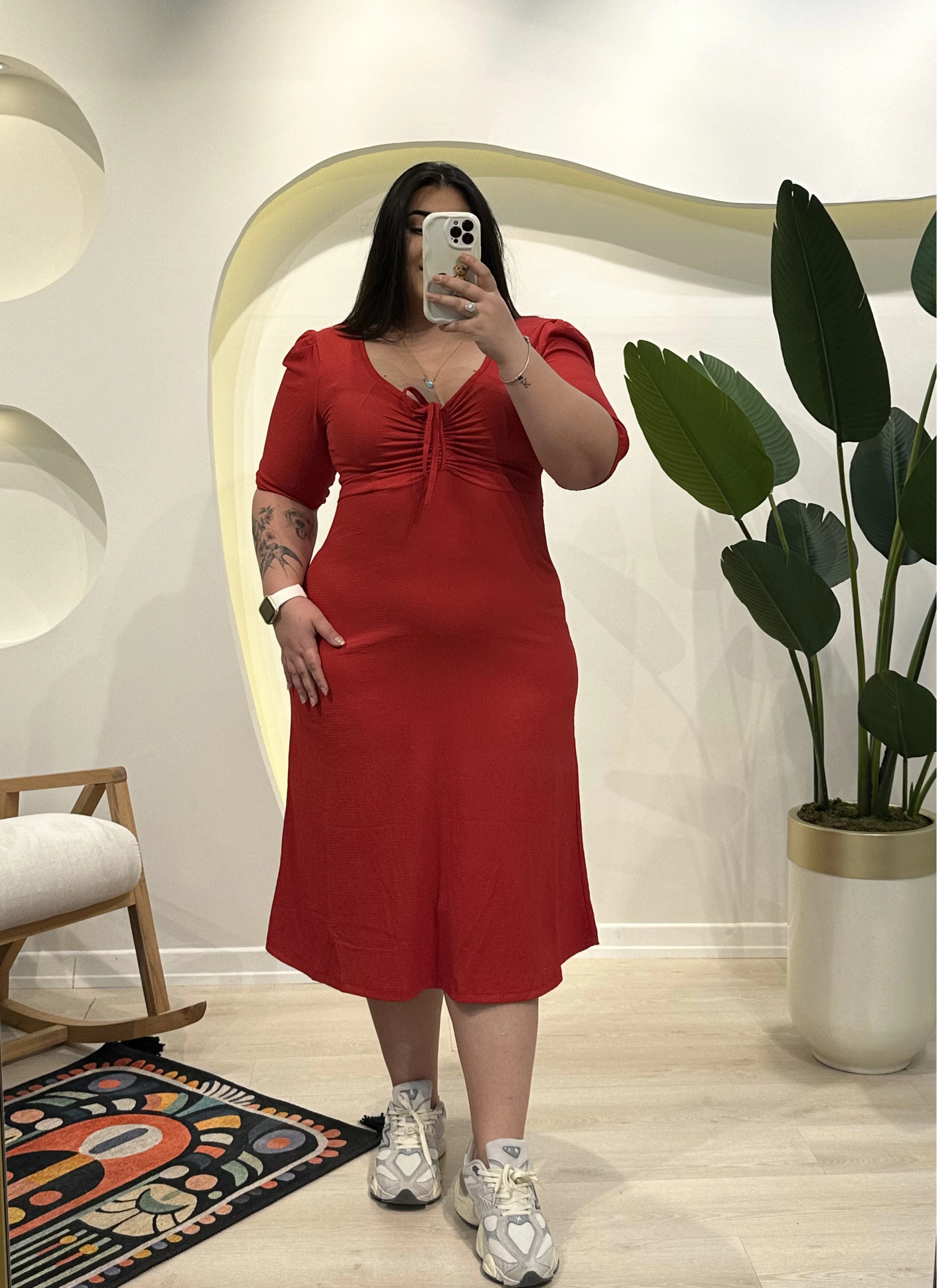 Kalp Yaka İpli Bürümcük Elbise - Kırmızı