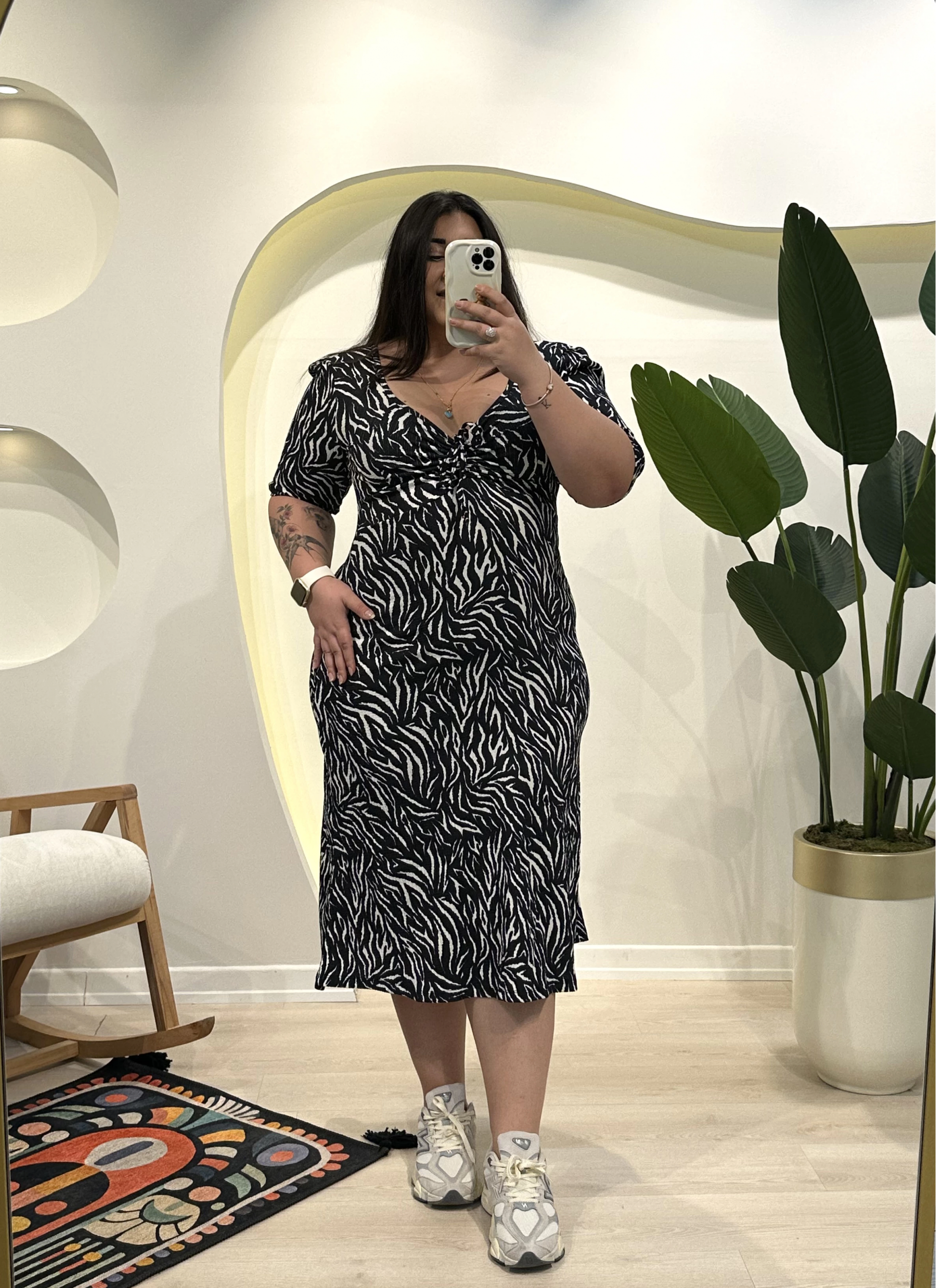 Kalp Yaka İpli Bürümcük Elbise - Zebra Desen