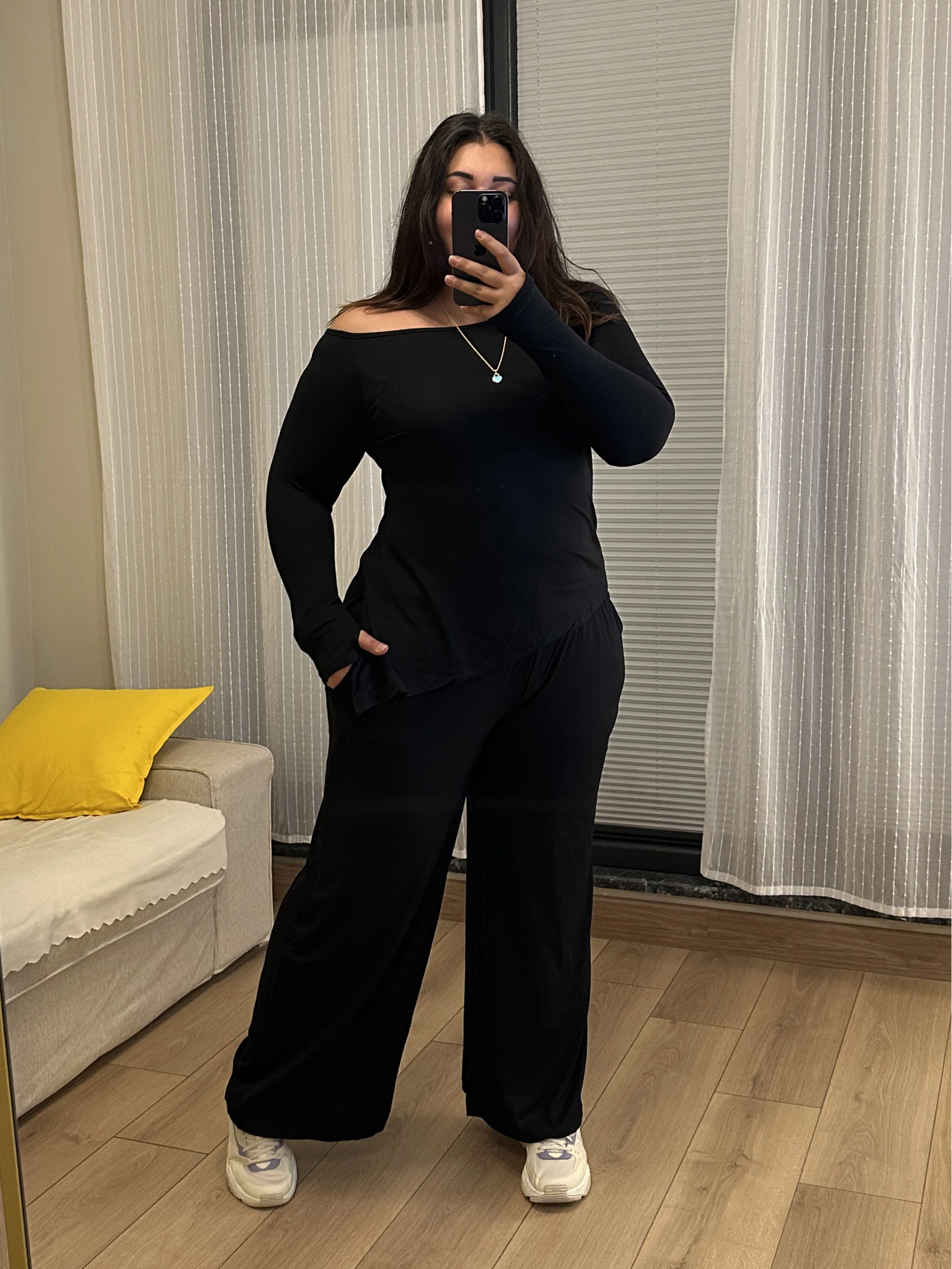 Kayık Yaka Esnek Modal Takım - Siyah