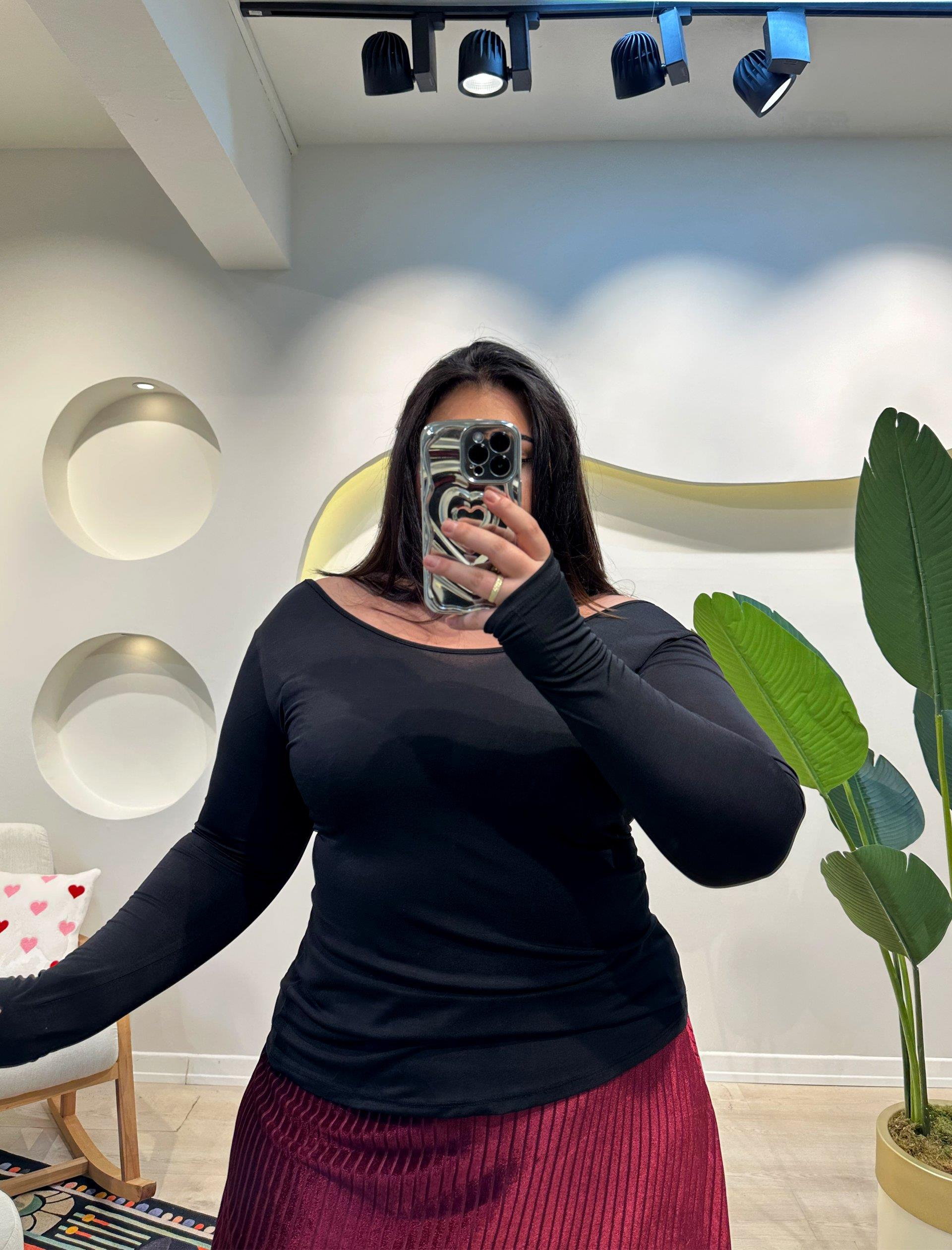 Kayık Yaka Esnek Sandy Bluz - Siyah