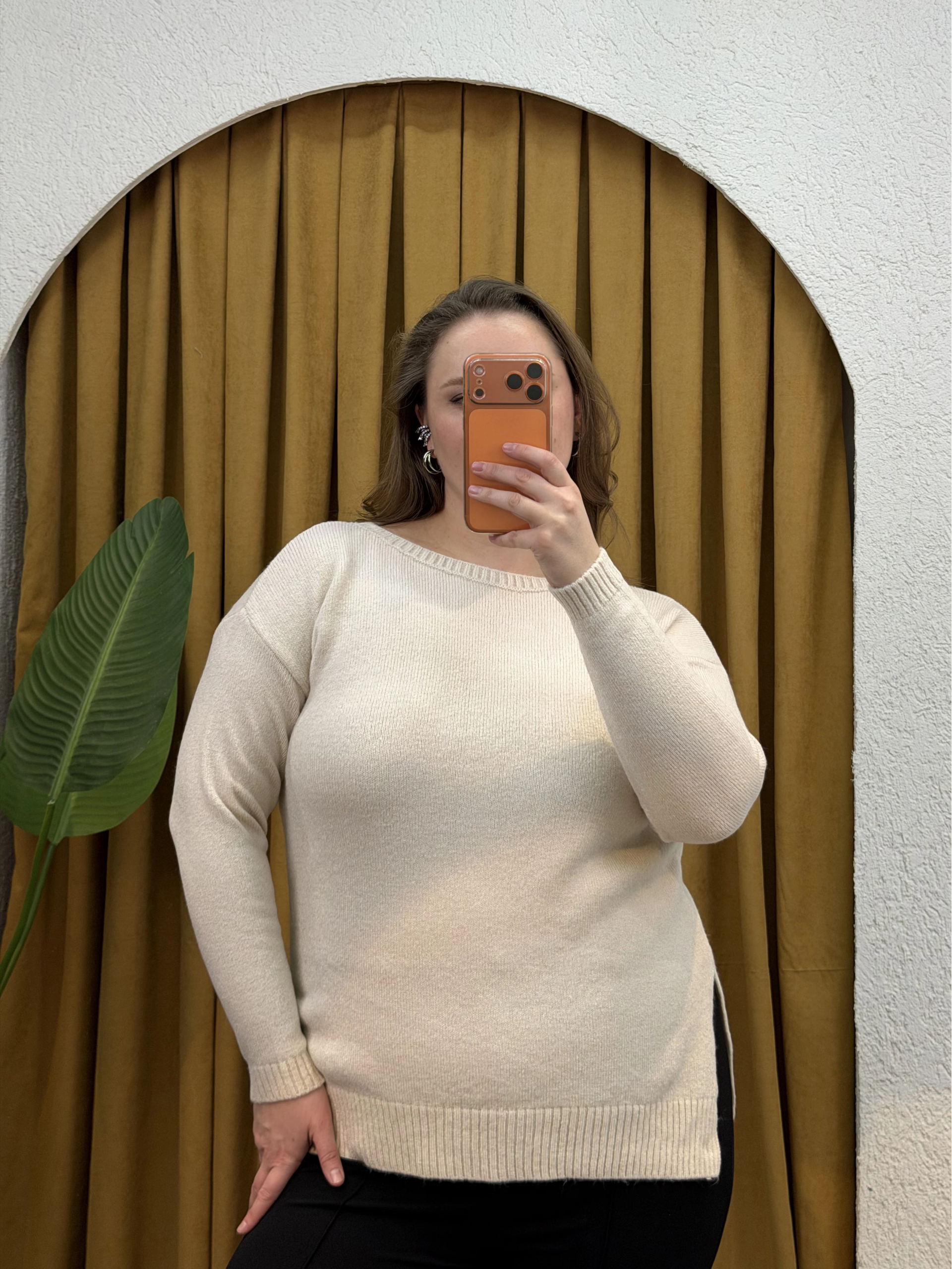 Kayık Yaka Oversize Kazak - Ekru