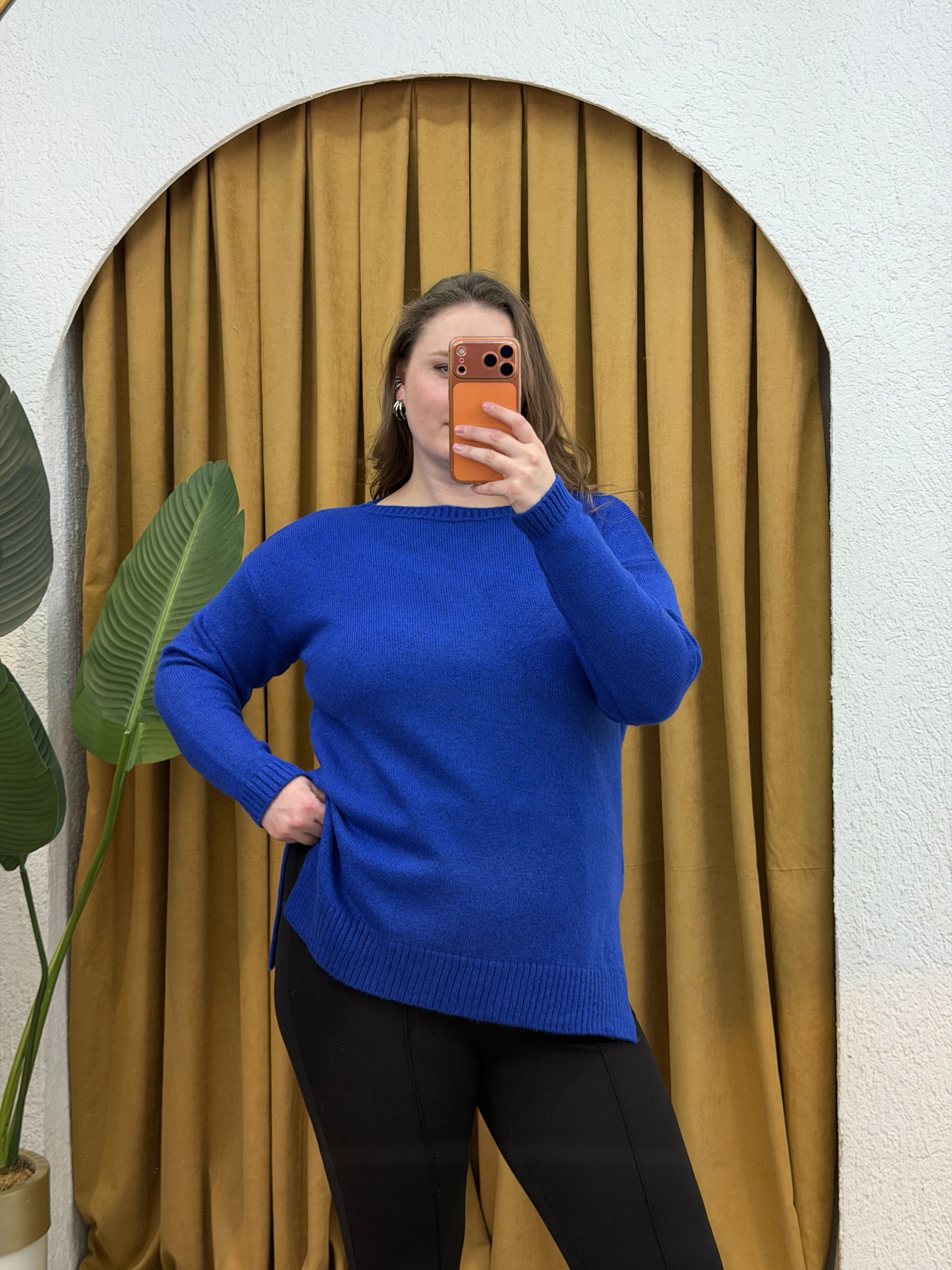 Kayık Yaka Oversize Kazak - Mavi