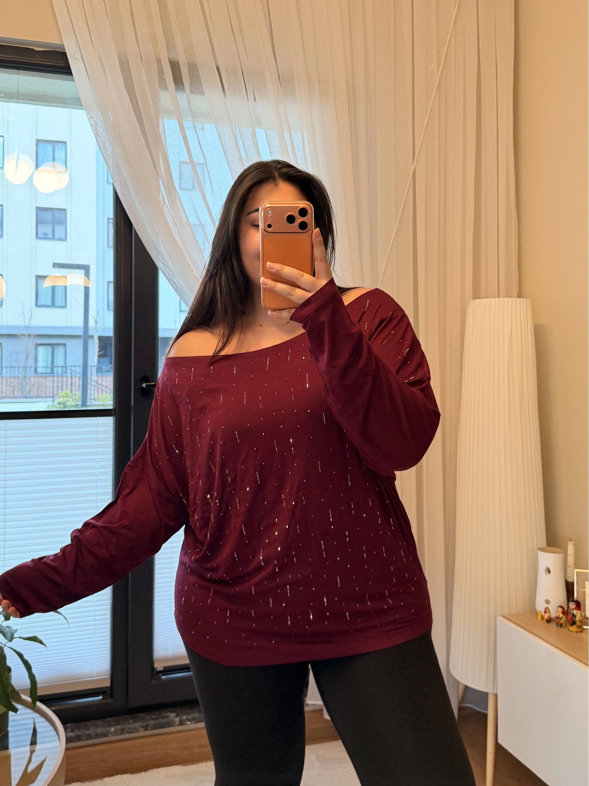 Kayık Yaka Taşlı Modal Bluz - Mürdüm