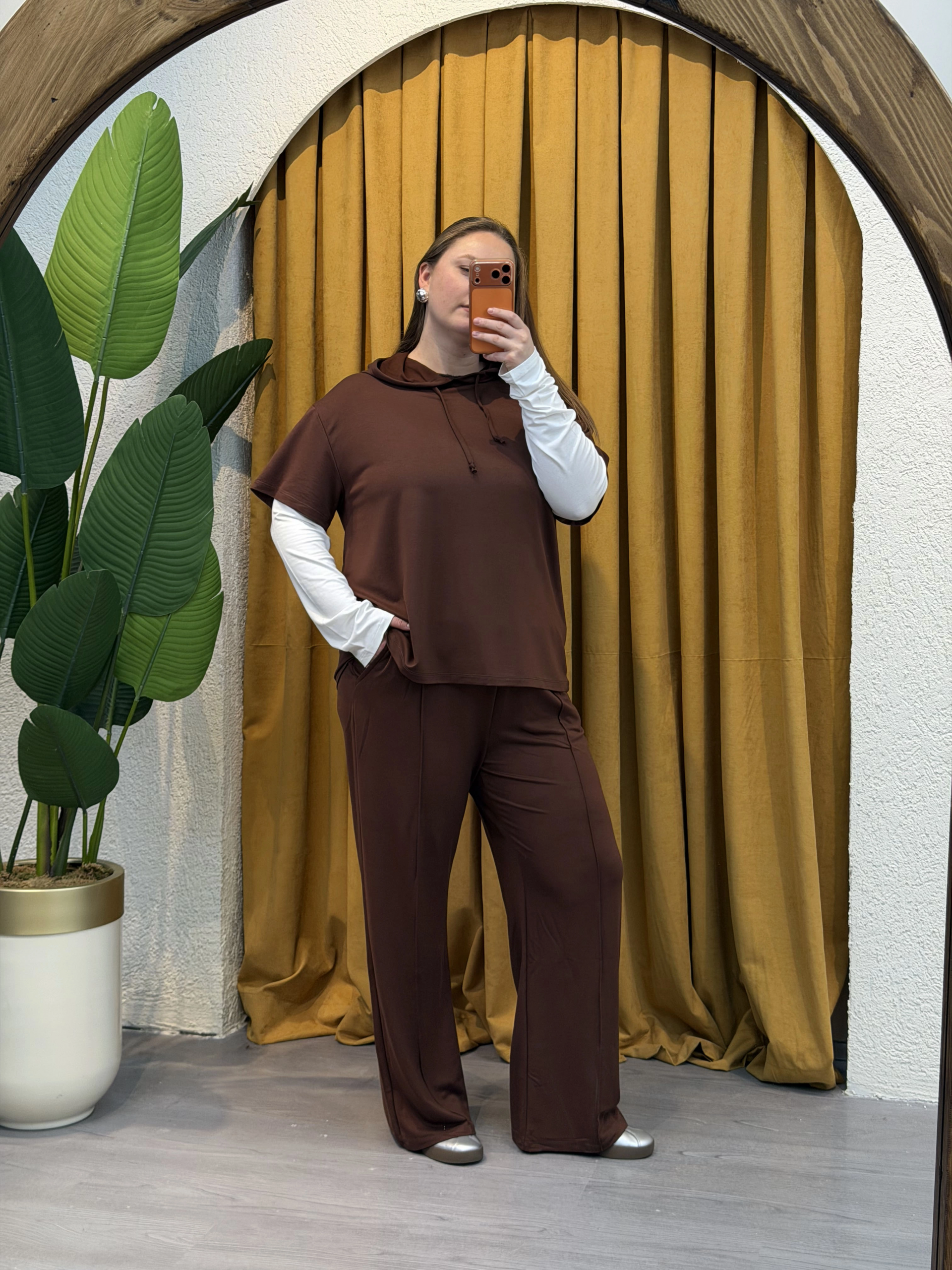 Kolları Parçalı Modal Kapüşonlu Takım - Kahverengi