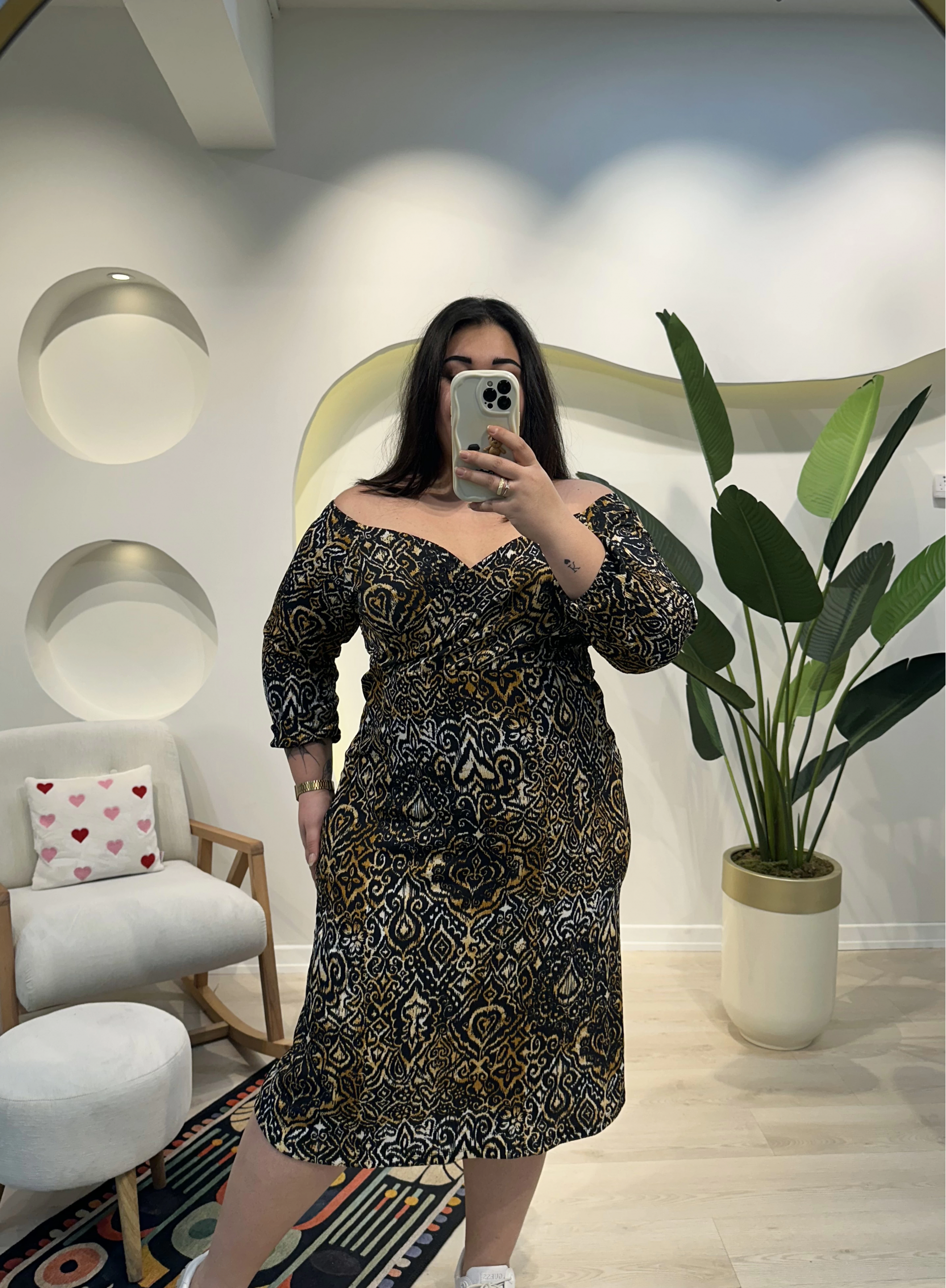 Kruvaze Yaka Esnek Bürümcük Elbise - Antik