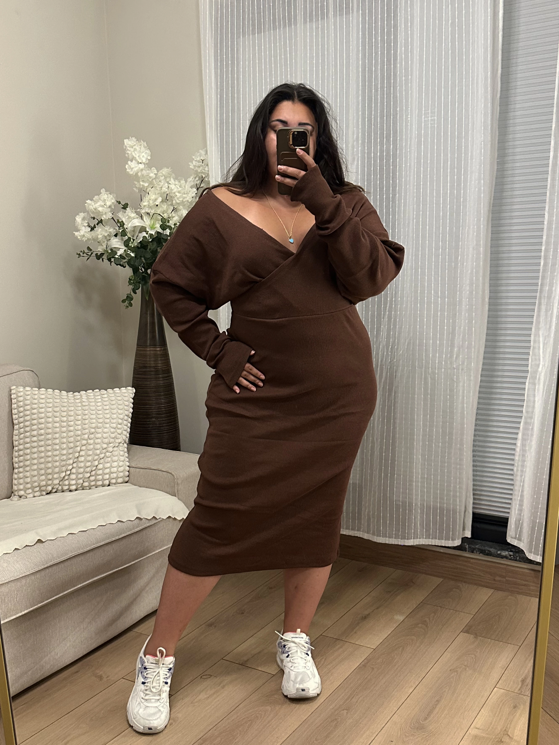 Kruvaze Yaka Esnek Triko Elbise - Kahverengi