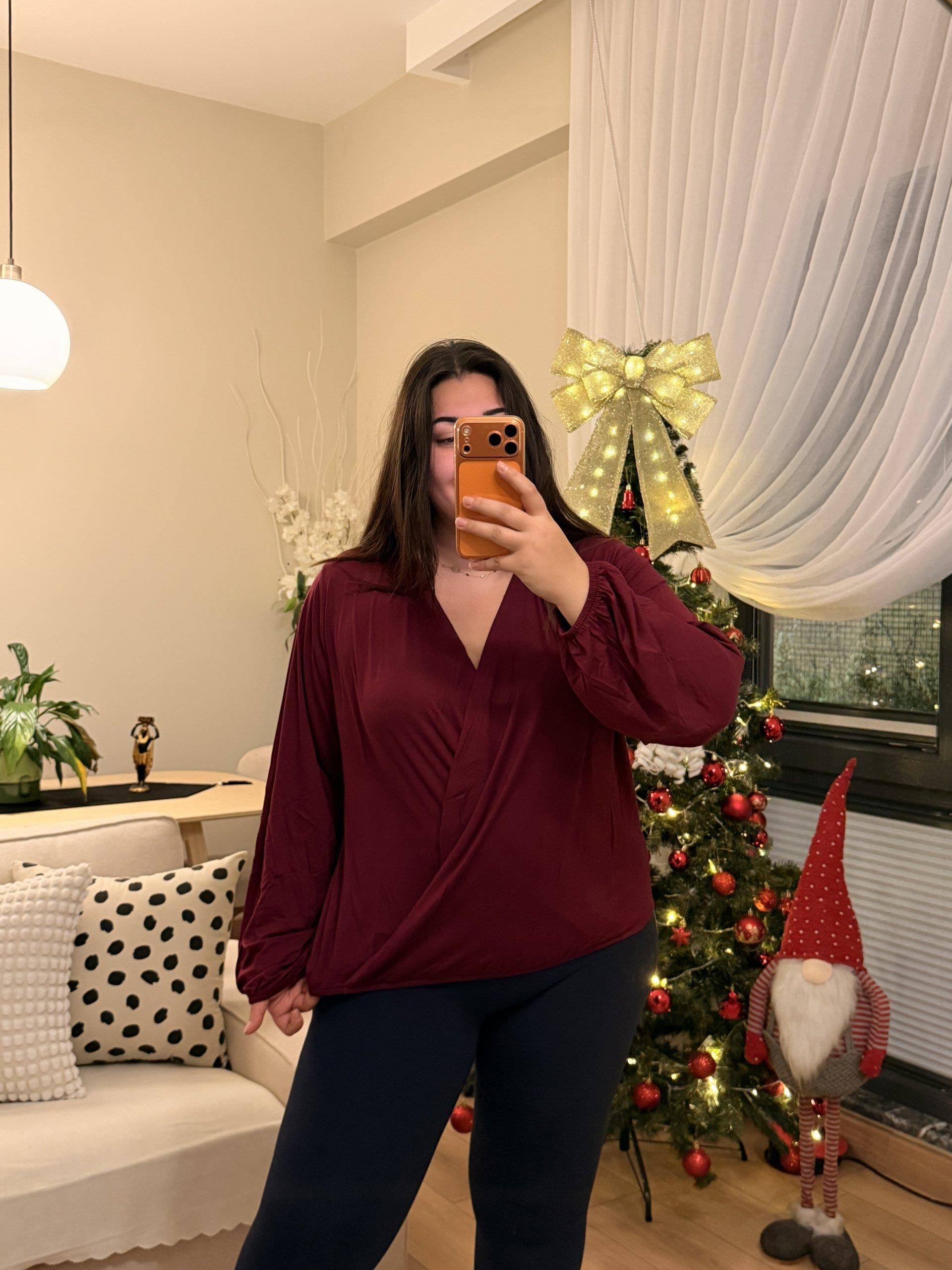 Kruvaze Yaka Lastikli Modal Karışımlı Bluz - Mürdüm