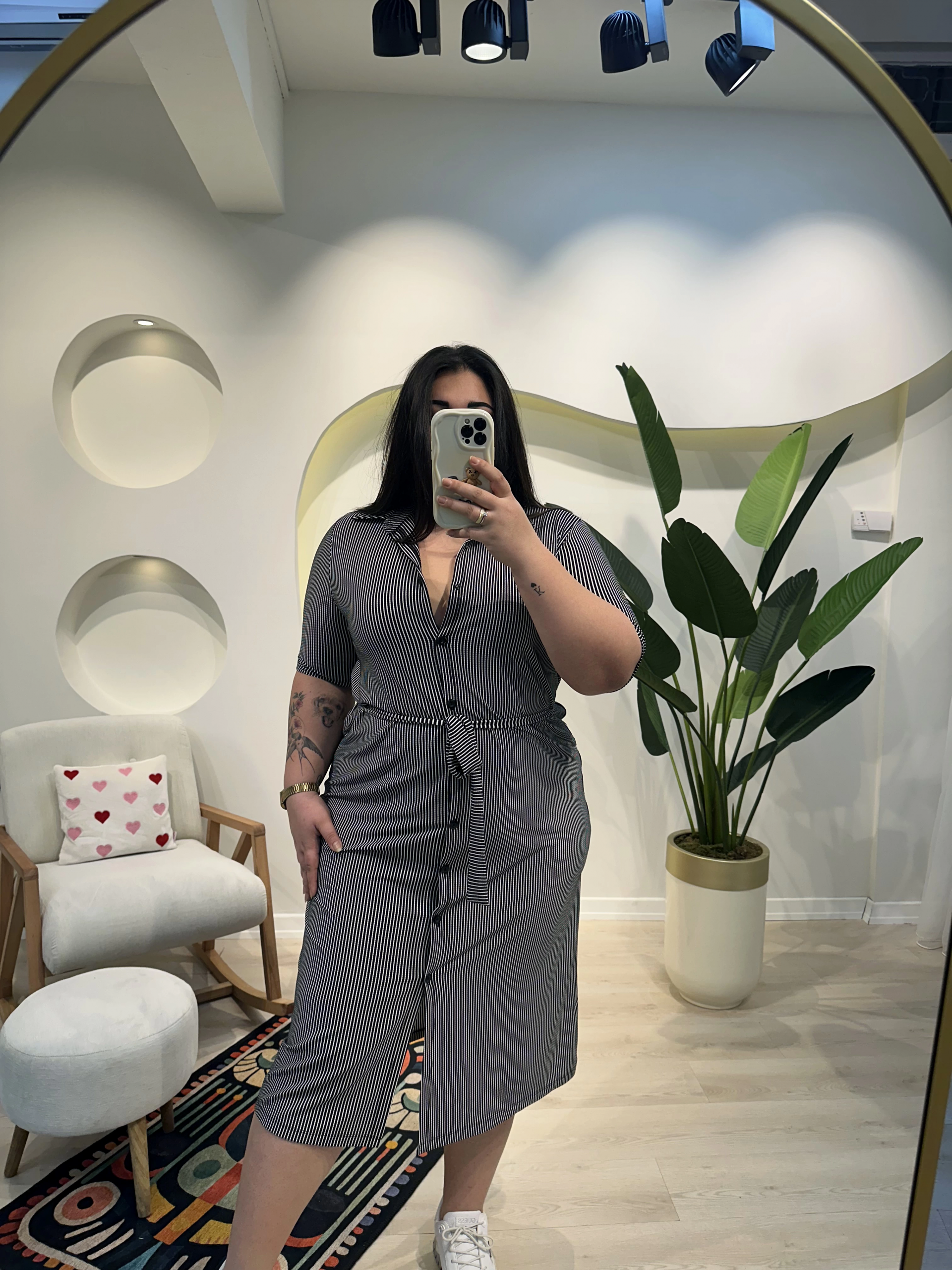 Kuşaklı Esnek Gömlek Elbise - Çizgili