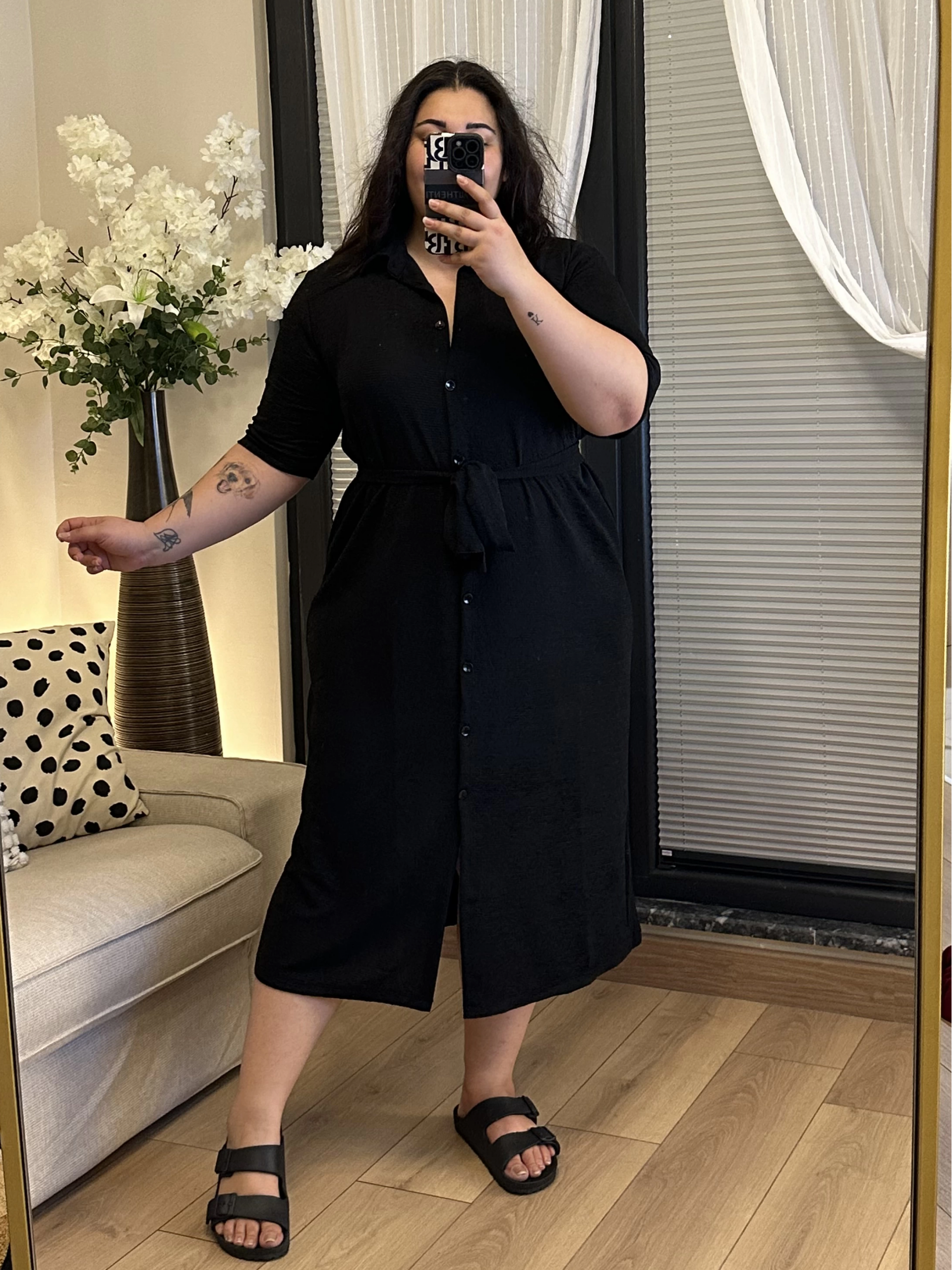 Kuşaklı Esnek Gömlek Elbise - Siyah Krinkle