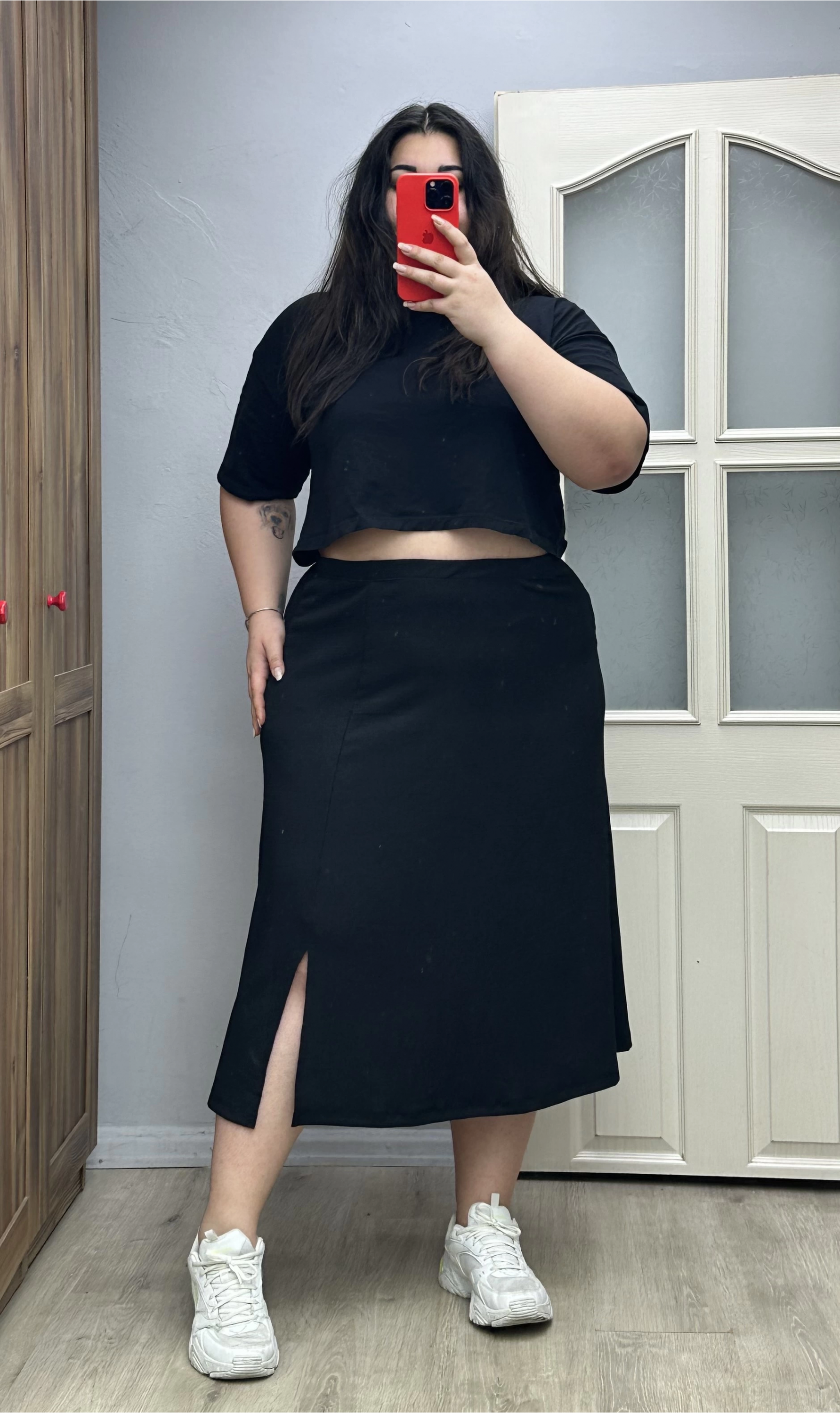 Likrali Yırtmaçlı Bürümcük Etek - Siyah