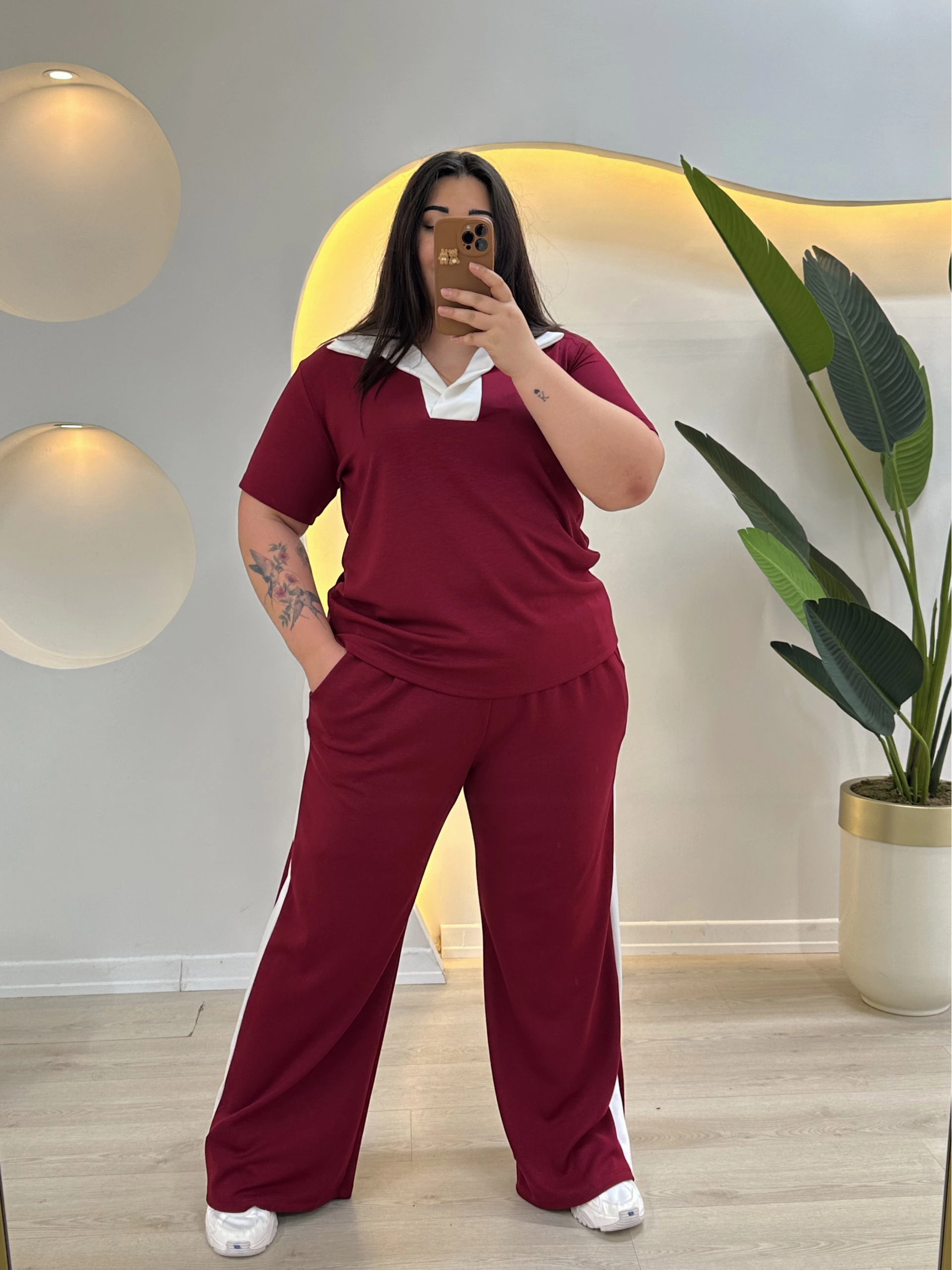 Oysho Modal Şeritli Polo Yaka Takım - Bordo