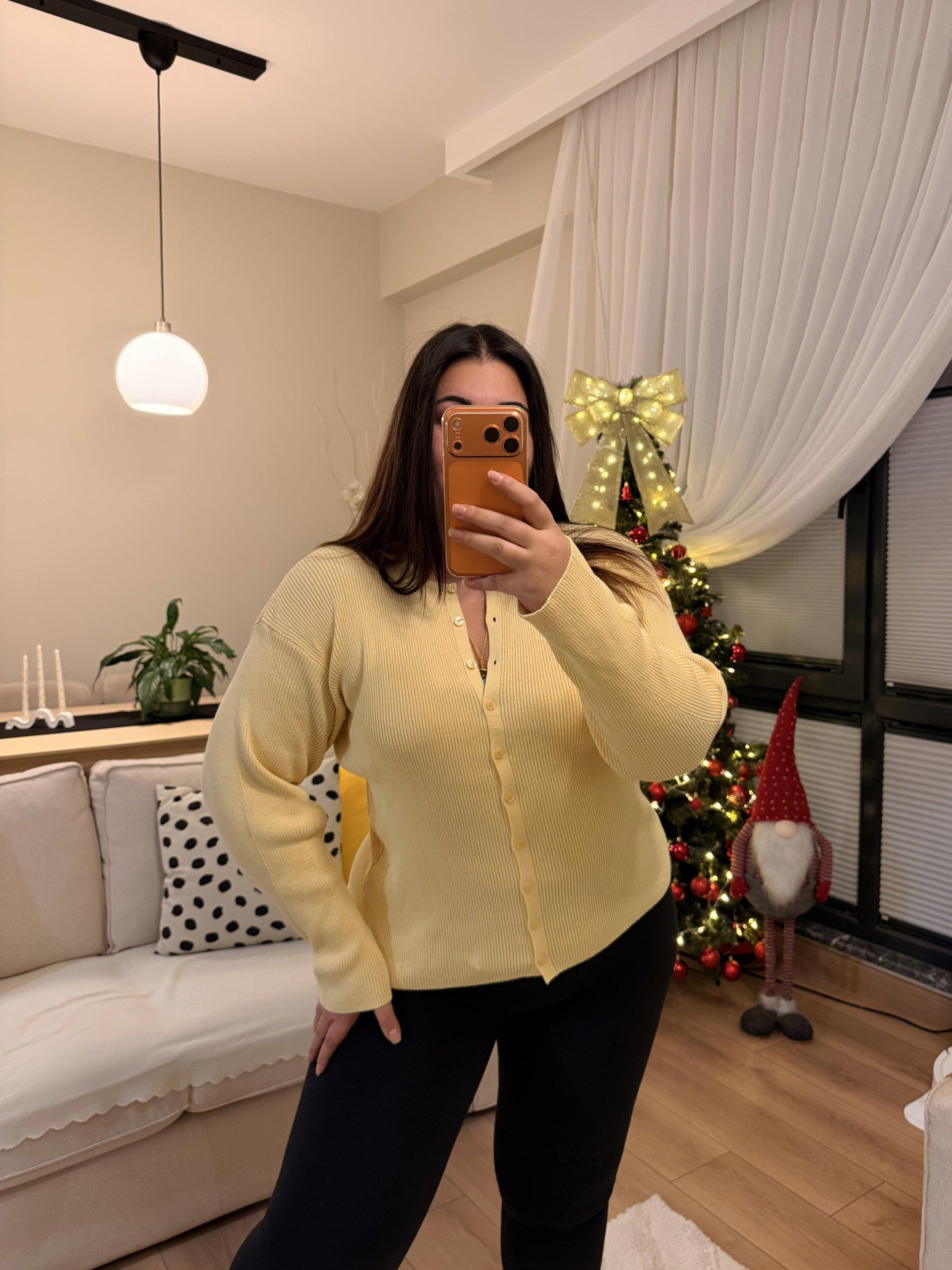 Premium Çizgili Düğmeli Triko Hırka - Sarı