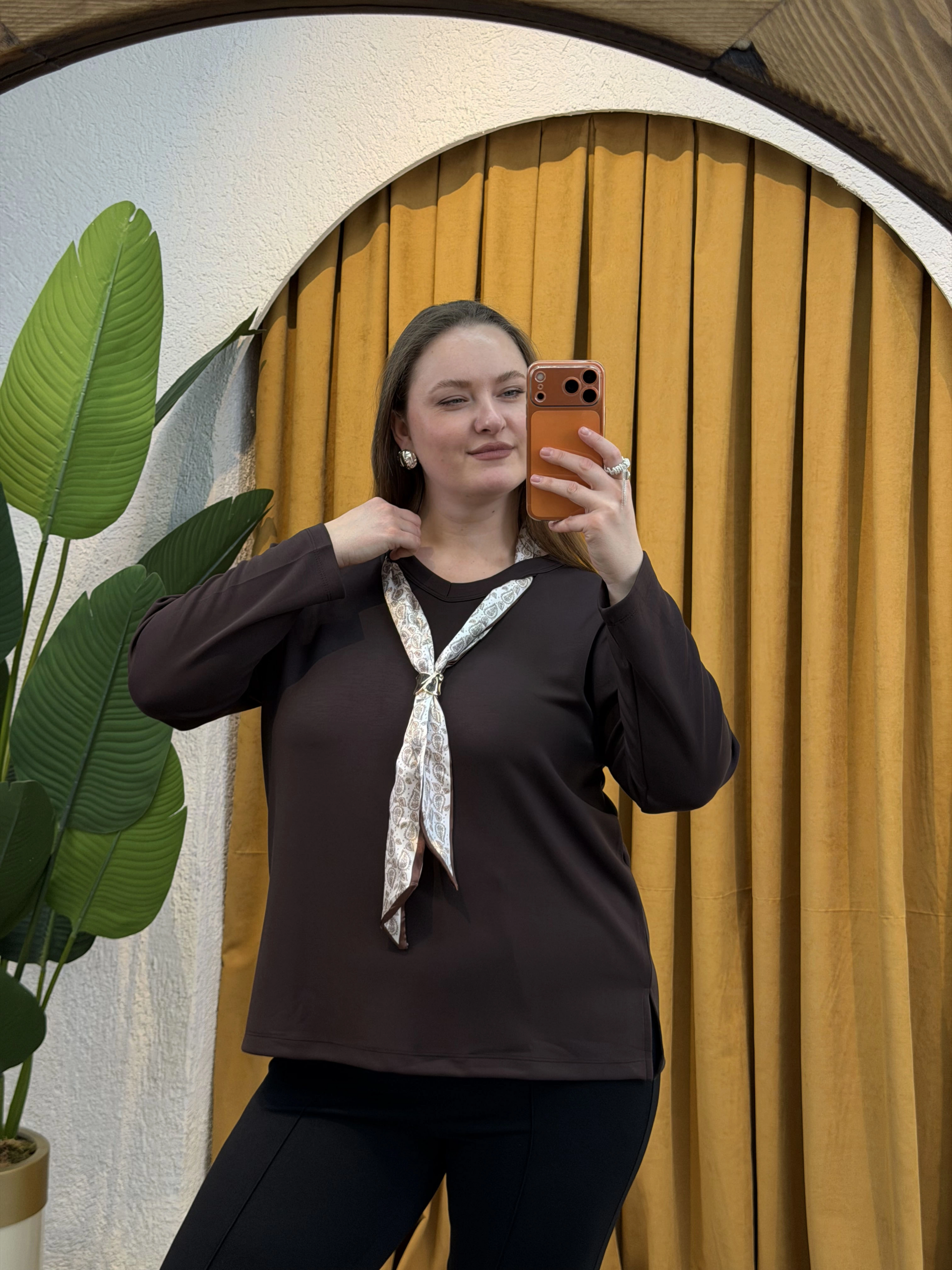 Premium Fular Detaylı Modal Bluz - Kahverengi