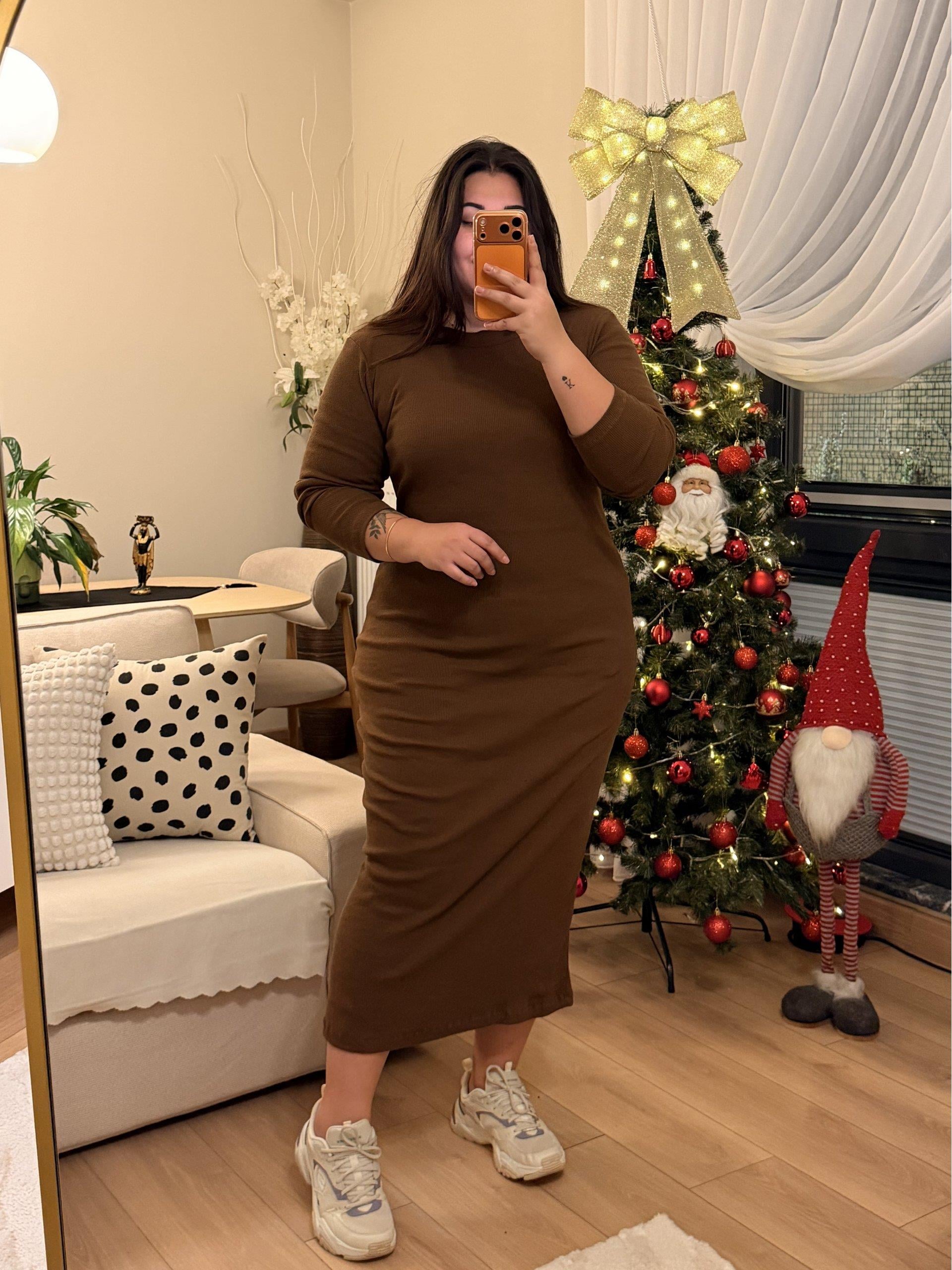 Tam Boy Esnek Triko Elbise - Kahverengi