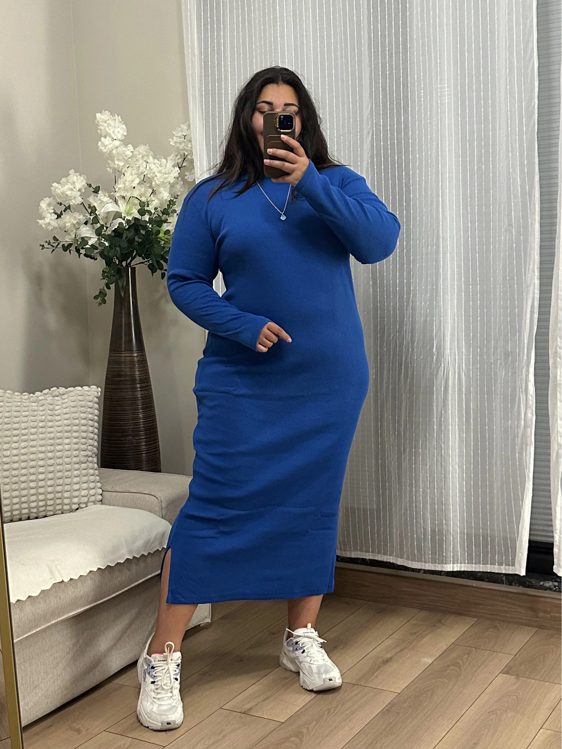 Tam Boy Esnek Triko Elbise - Saks Mavi