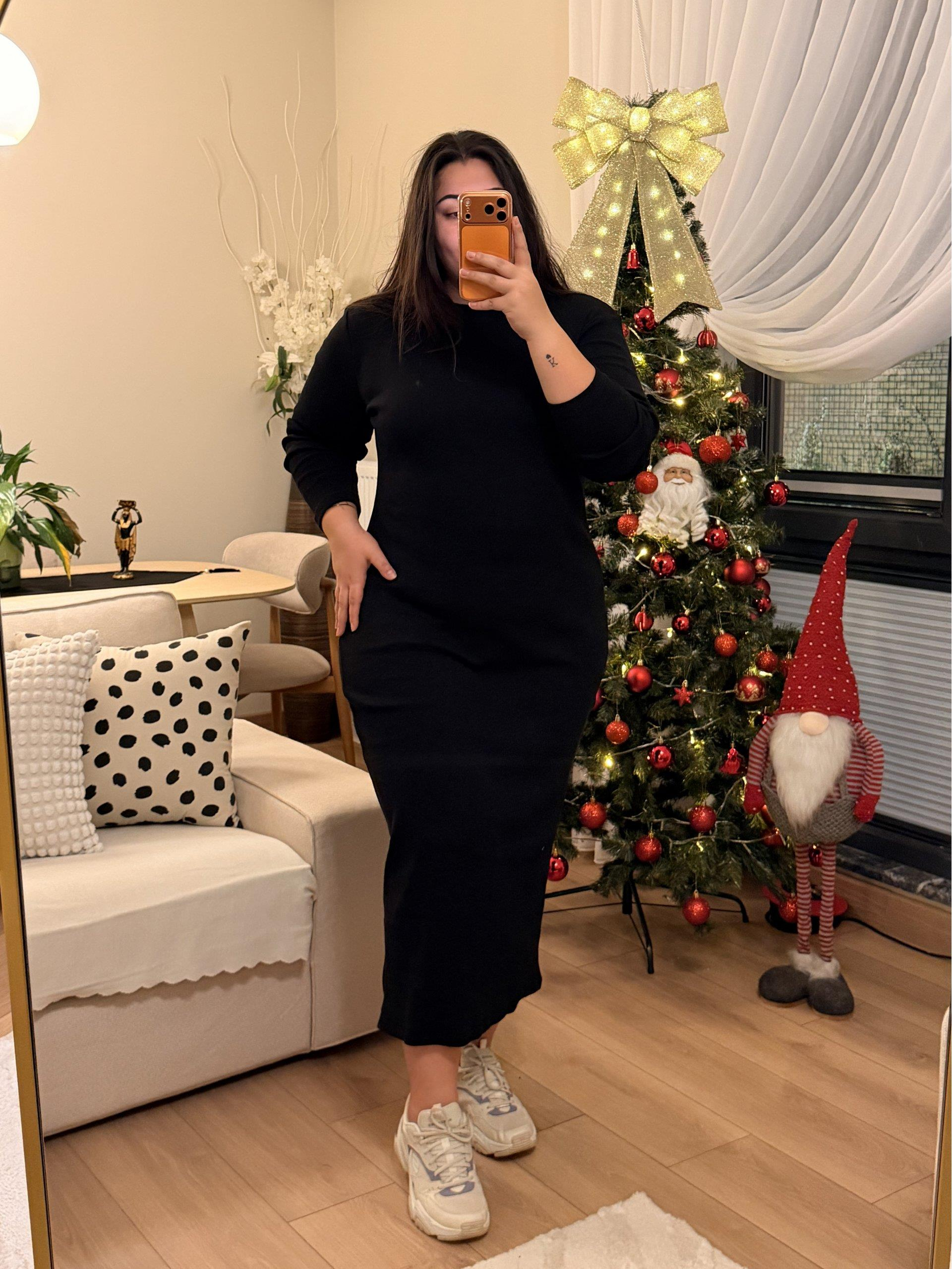 Tam Boy Esnek Triko Elbise - Siyah