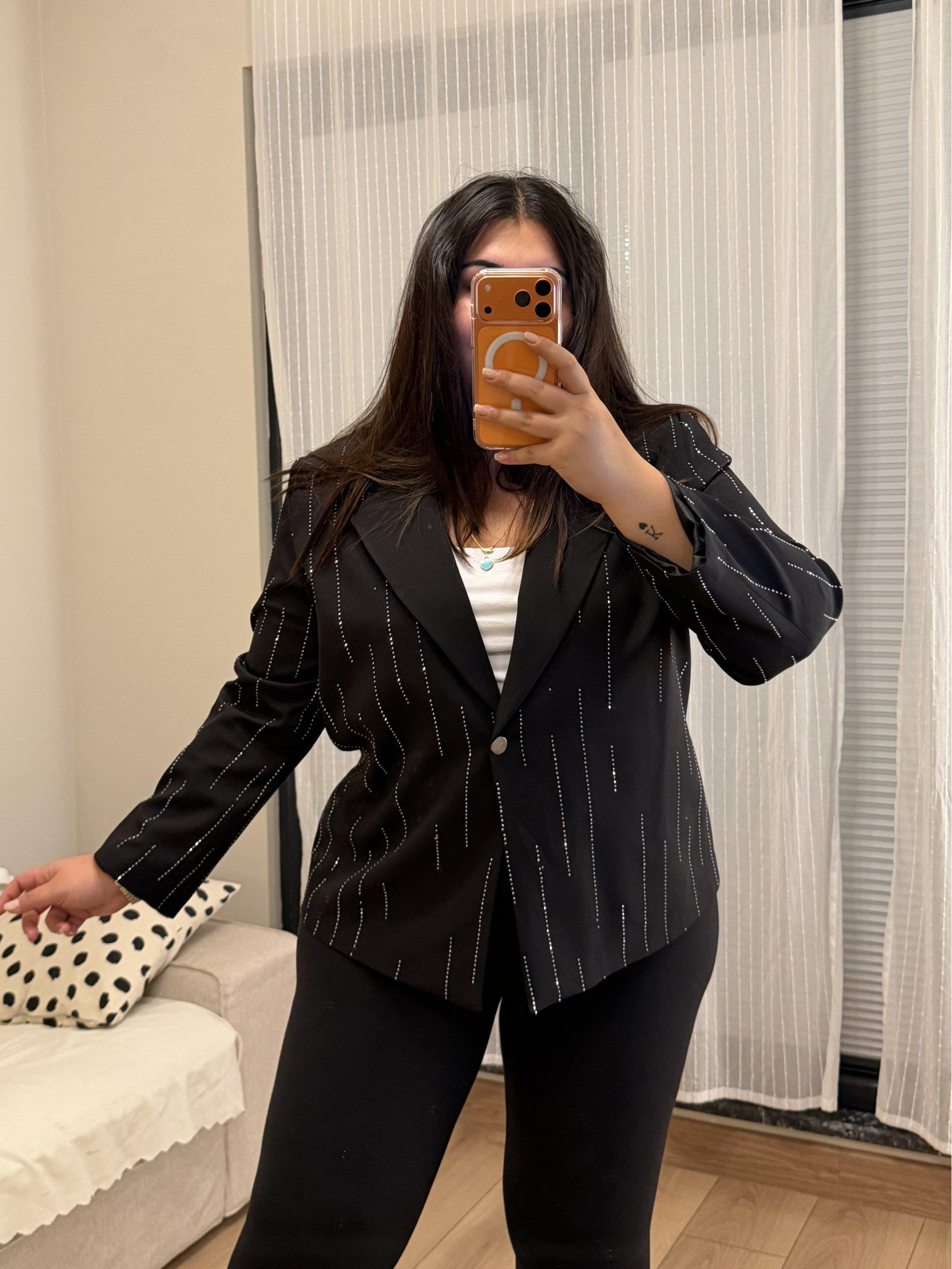 Taş Detaylı Premium Astarlı Blazer Ceket - Siyah