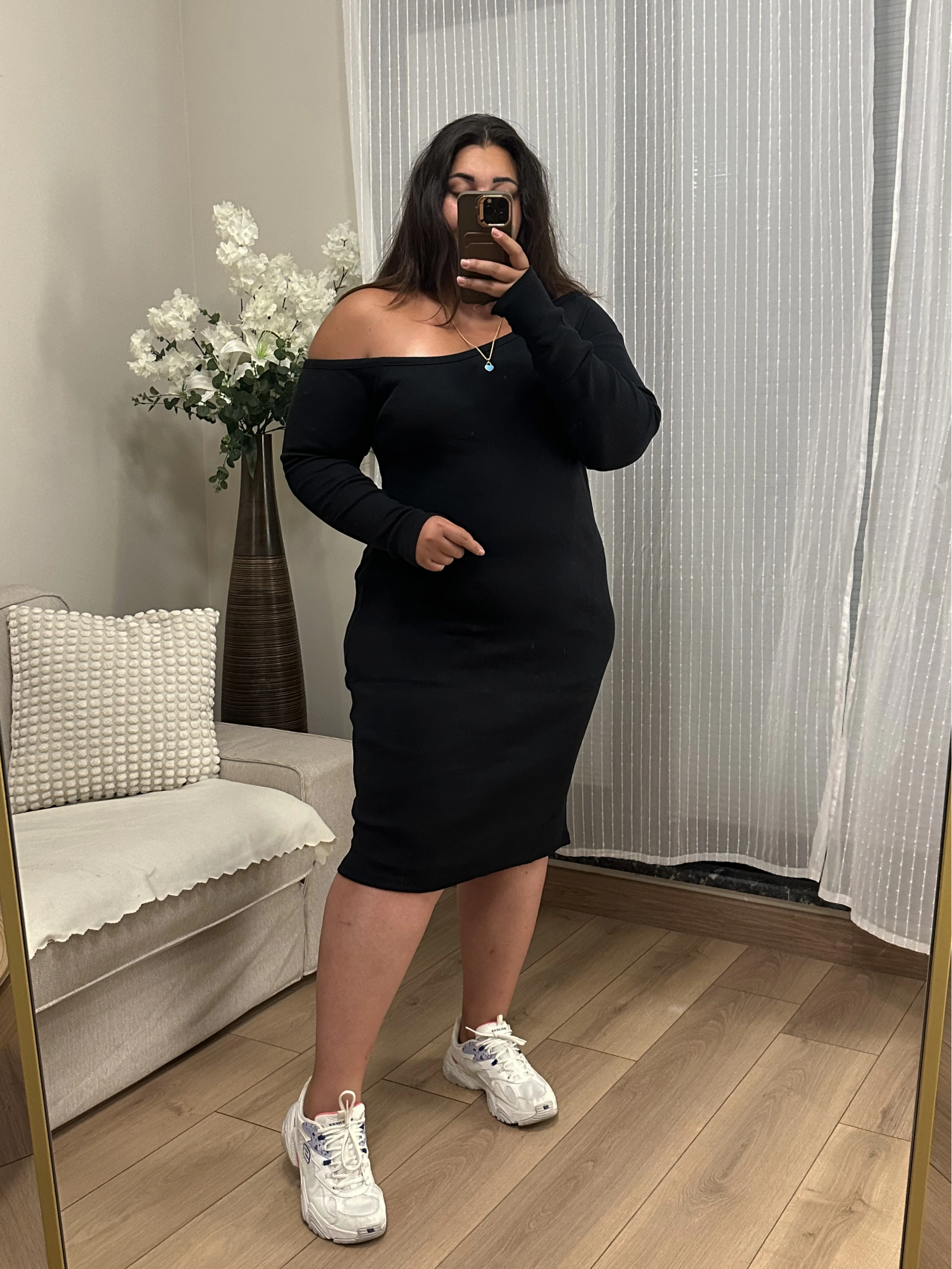 Tek Omuz Detay Esnek Triko Elbise - Siyah