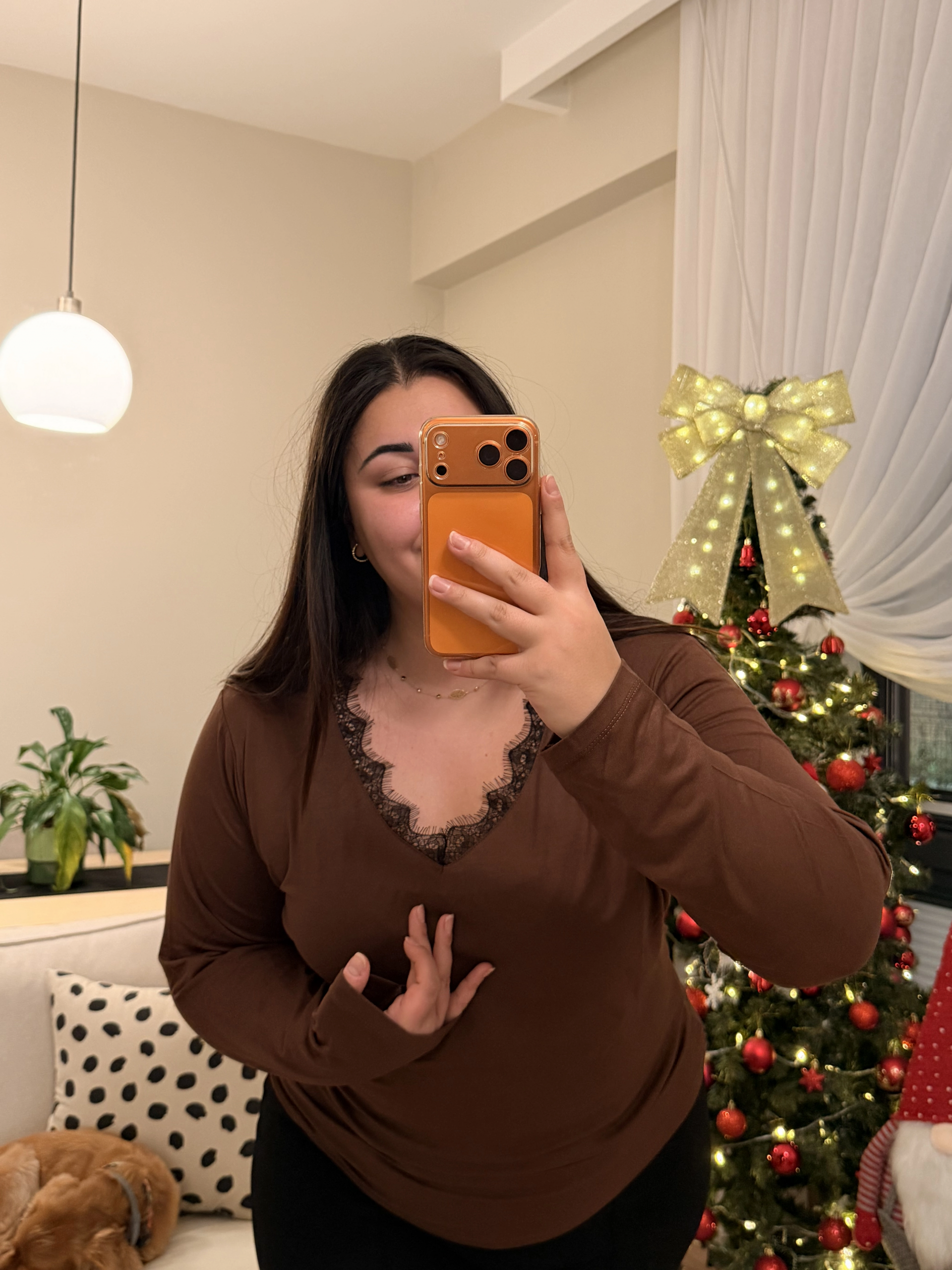 V Yaka Dantel Detaylı Esnek Modal Bluz - Kahverengi