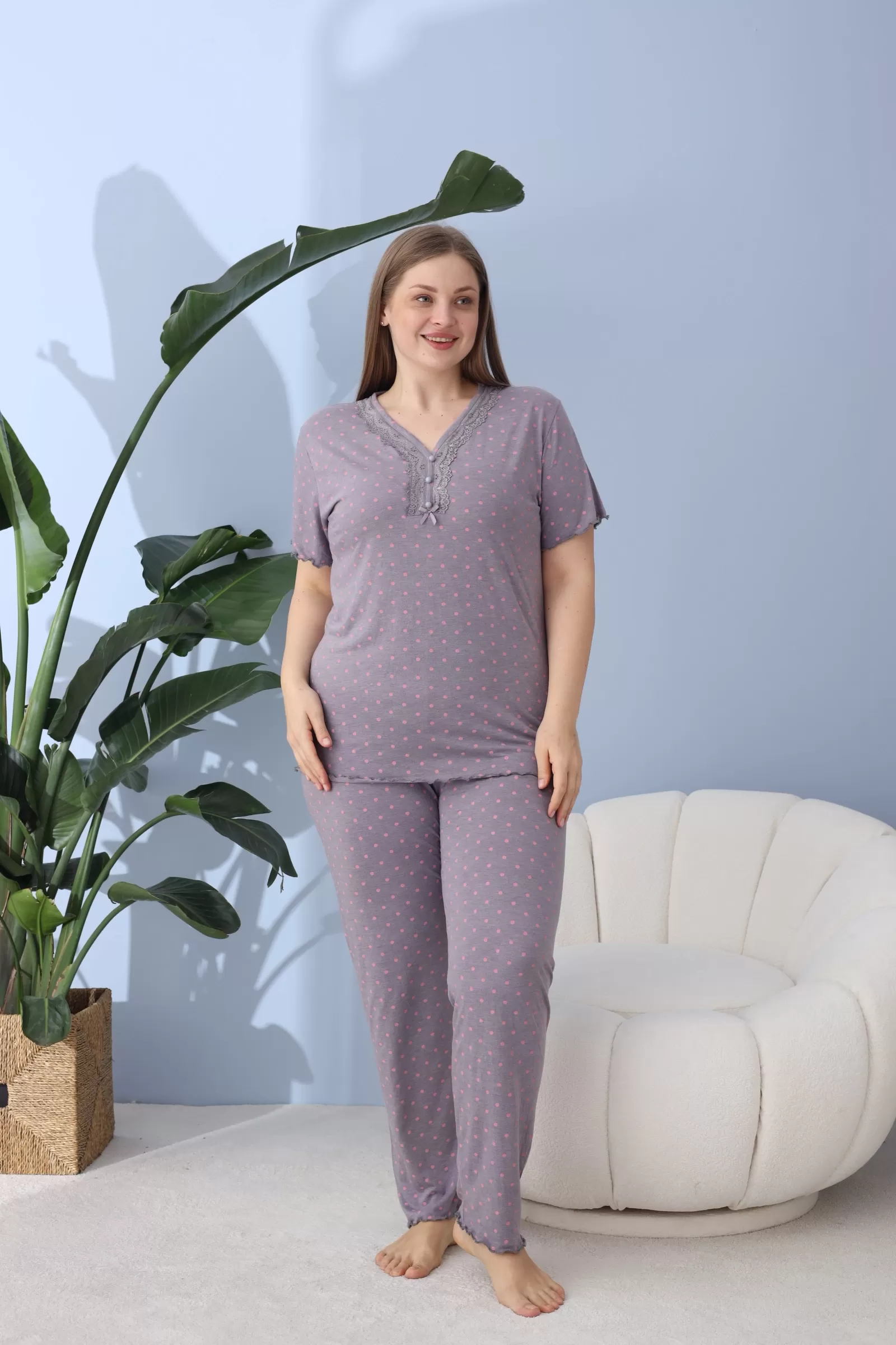 Yaka Düğmeli Bambu Pijama Takımı - Puantiyeli