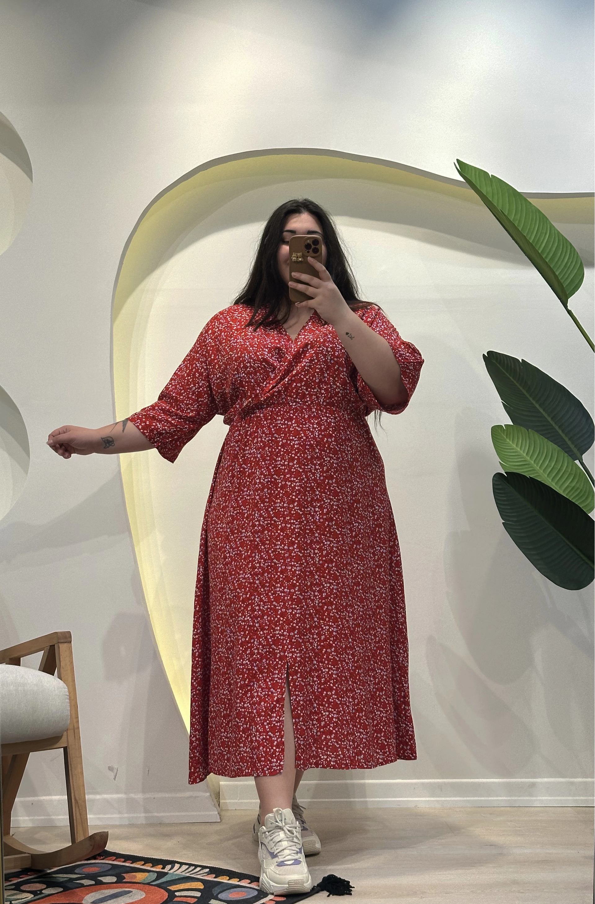 Yarasa Kol Beli Lastikli Viskon Elbise - Kırmızı Mini Çiçekli