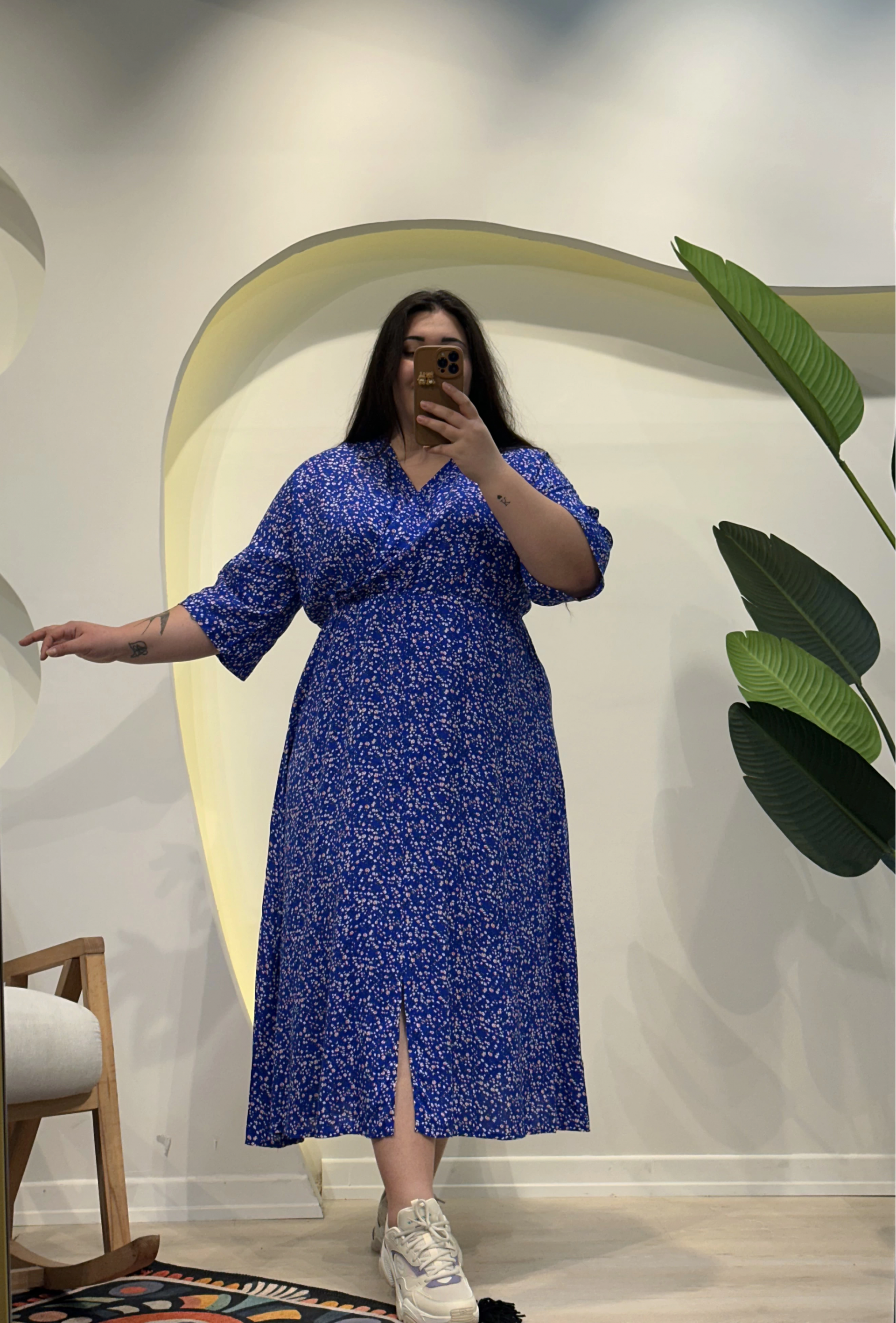 Yarasa Kol Beli Lastikli Viskon Elbise - Mavi Mini Çiçekli