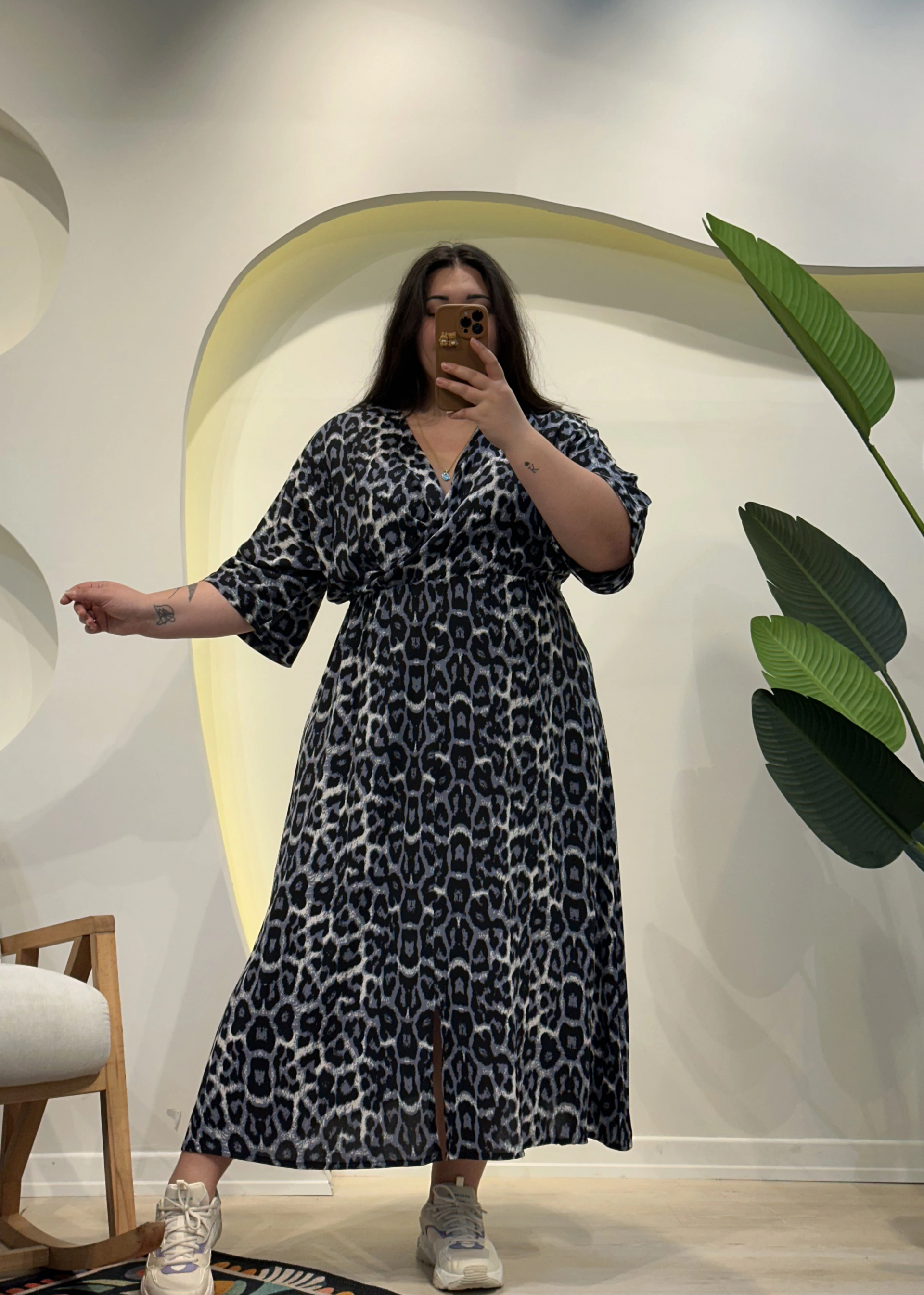 Yarasa Kol Beli Lastikli Viskon Elbise - Siyah Leopar