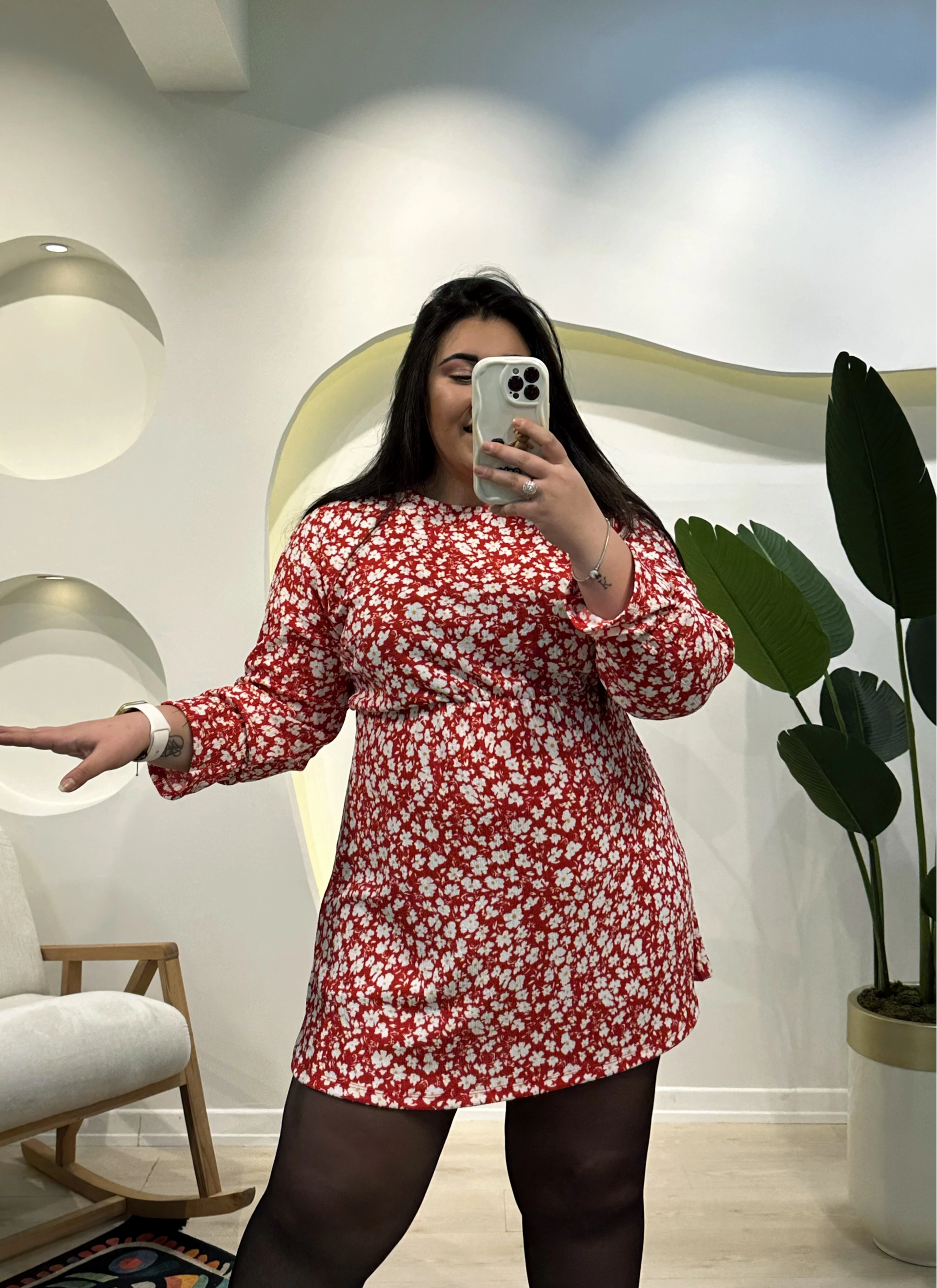 Yarasa Kol Bürümcük Mini Elbise - Kırmızı Çiçekli