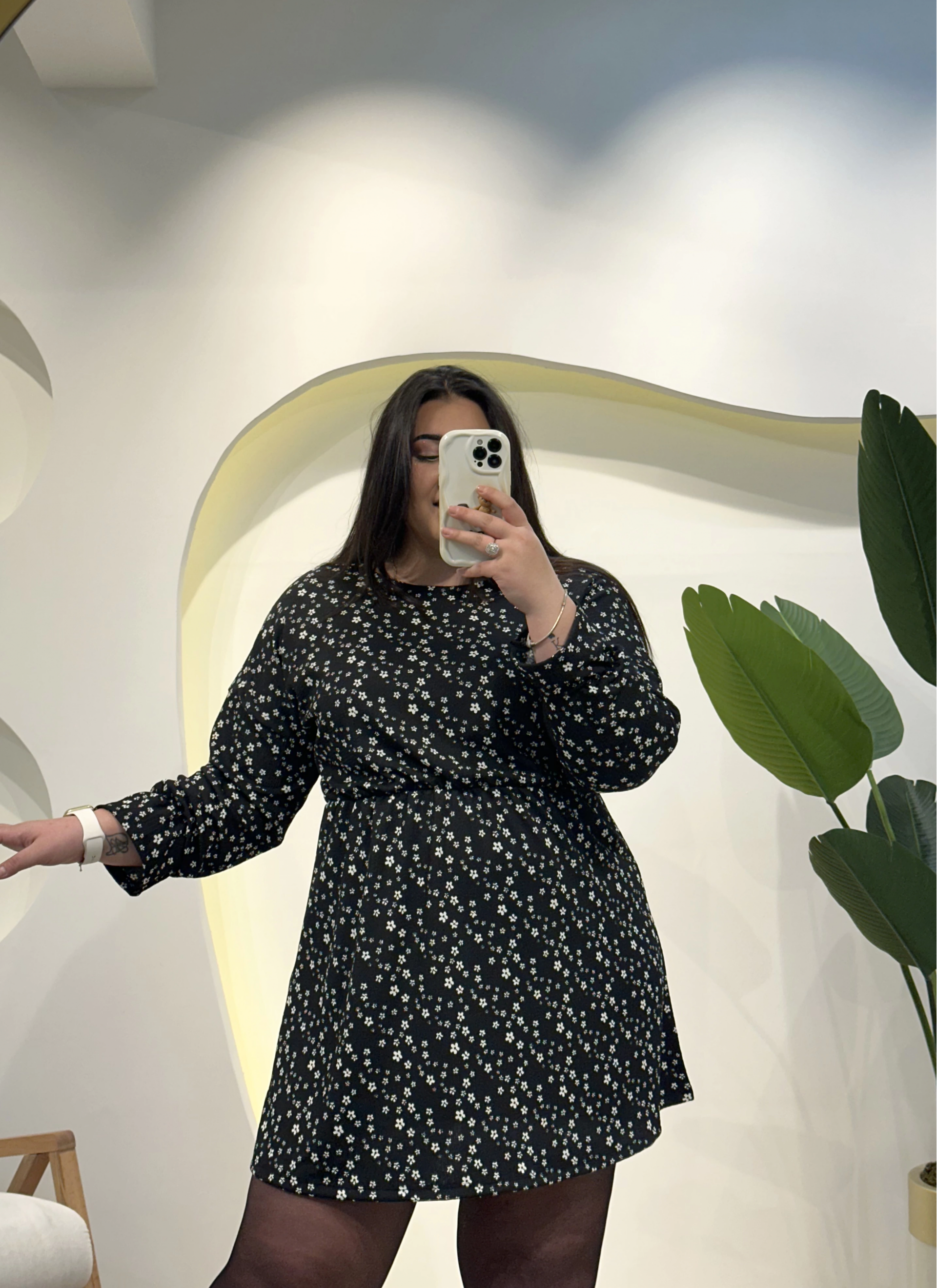 Yarasa Kol Bürümcük Mini Elbise - Siyah Çiçekli