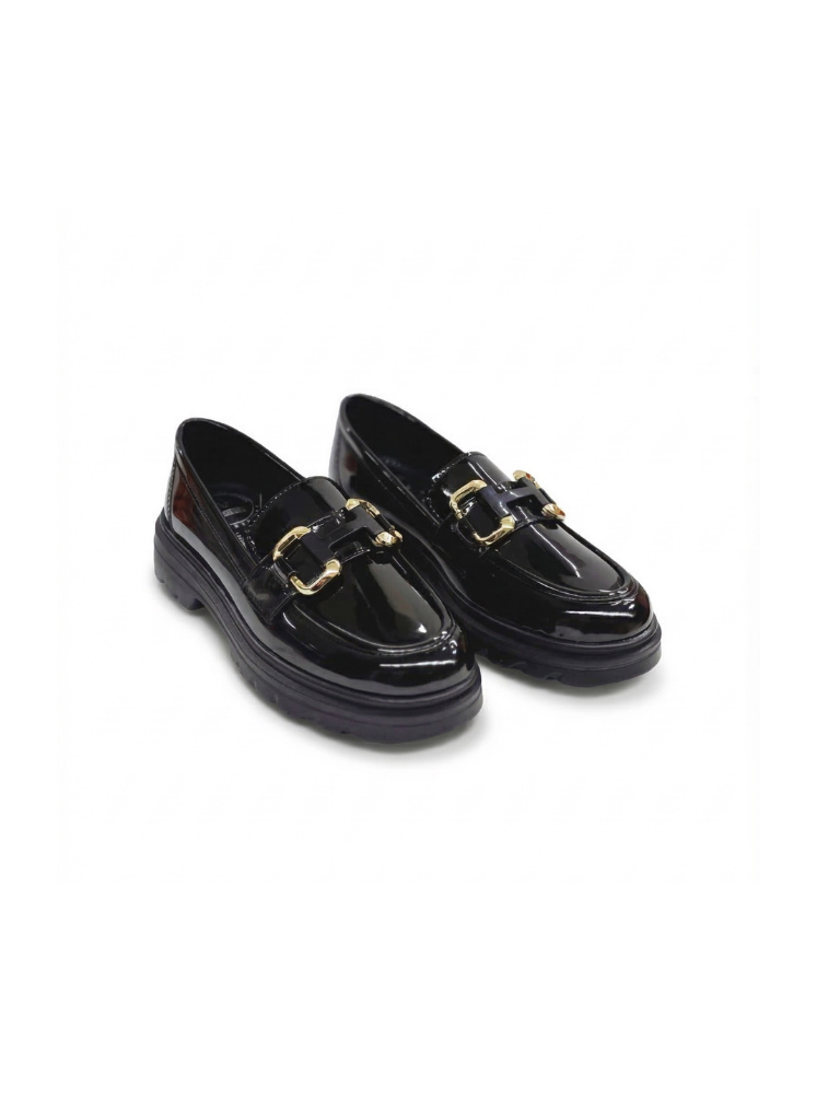 Luvesta Glossy Noir Altın Tokalı Platform Rugan Loafer