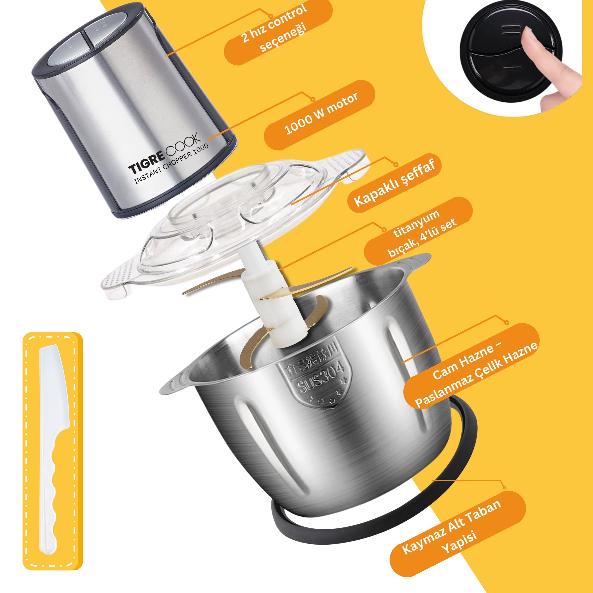 Instantchopper 1000 PRO – 2.3 L Cam ve Çelik Hazneli Et Kıyma & Sebze Rondo Doğrayıcı + Ekstra 1.2 L Hazne