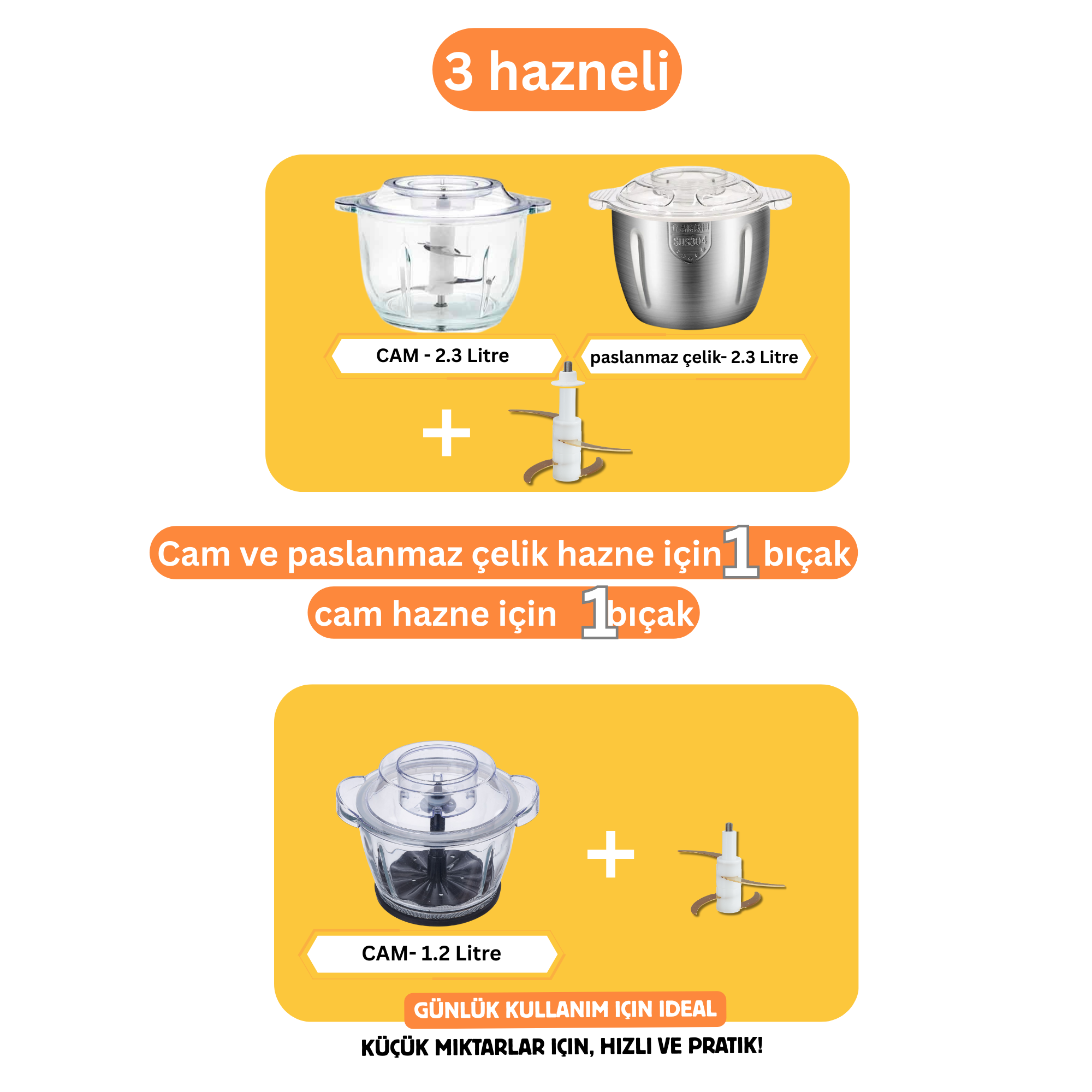 Instantchopper 1000 PRO – 2.3 L Cam ve Çelik Hazneli Et Kıyma & Sebze Rondo Doğrayıcı + Ekstra 1.2 L Hazne