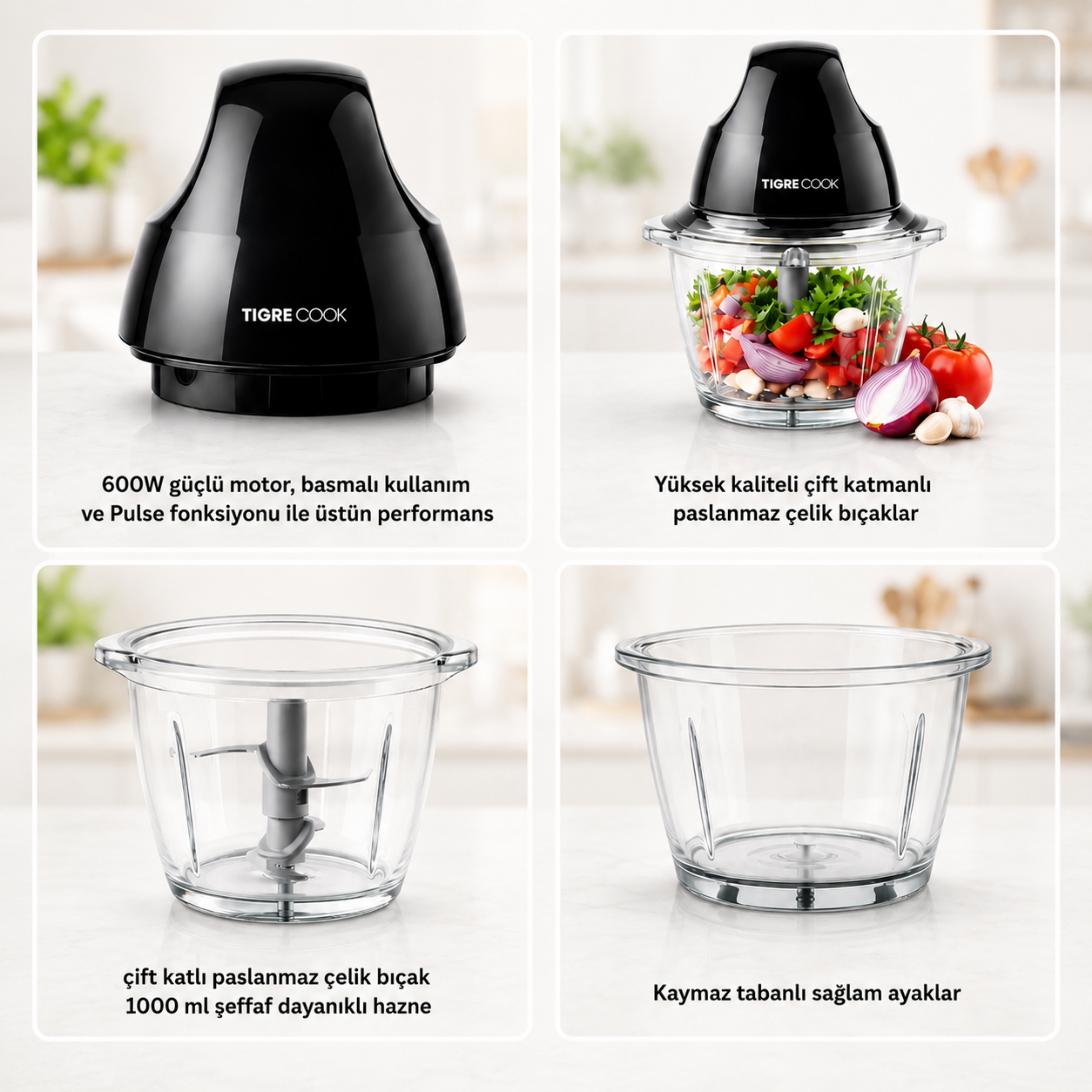 Instantchopper FIT  1L Cam Hazneli Et Kıyma & Sebze Rondo Doğrayıcı ÇİFT  ÇELİK BIÇAK 600W 
