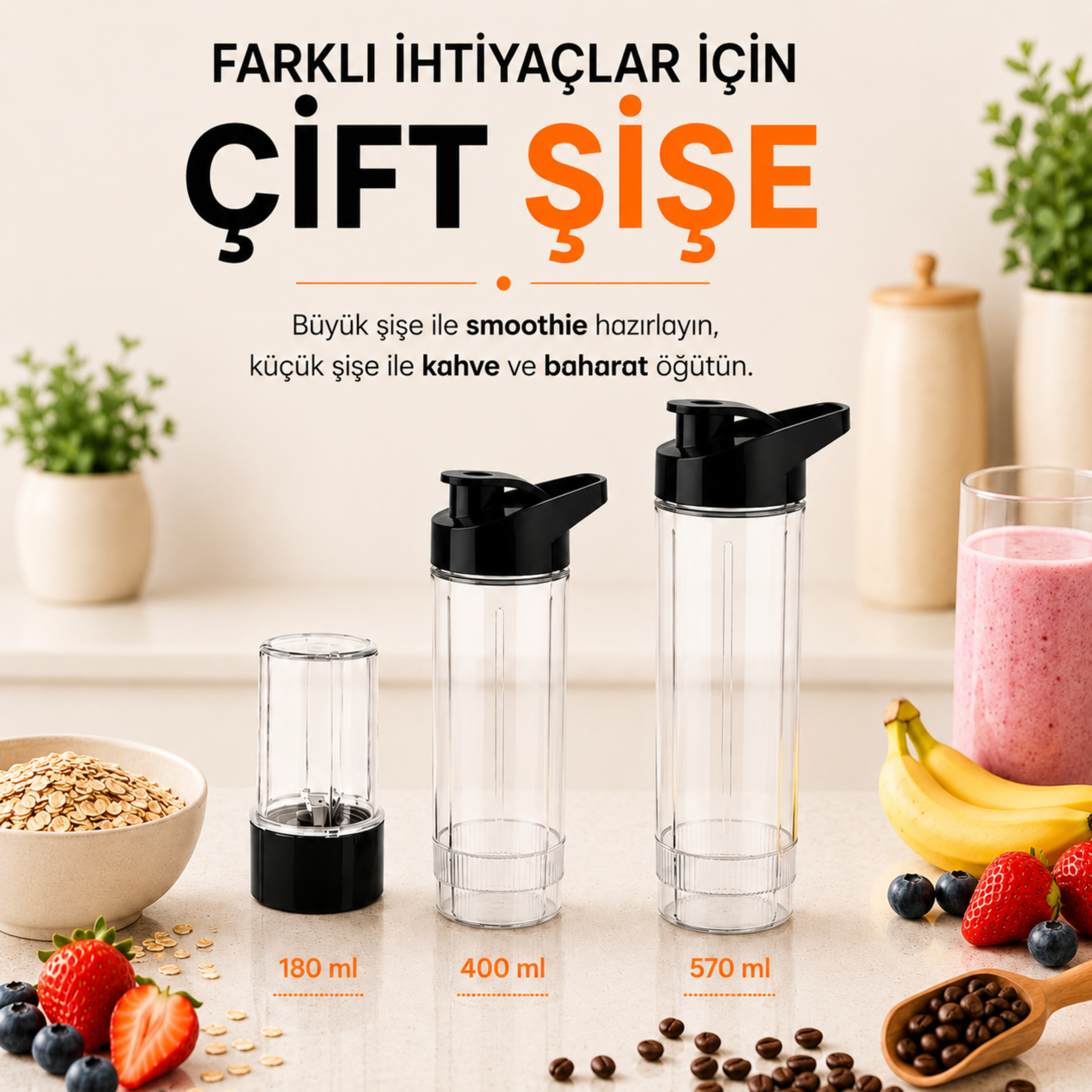 NUTRISHAKE  FIT  3 In 1 Kişisel Smoothie Blender Ve Kahve Baharat Öğütücü Buz Kırma  600w