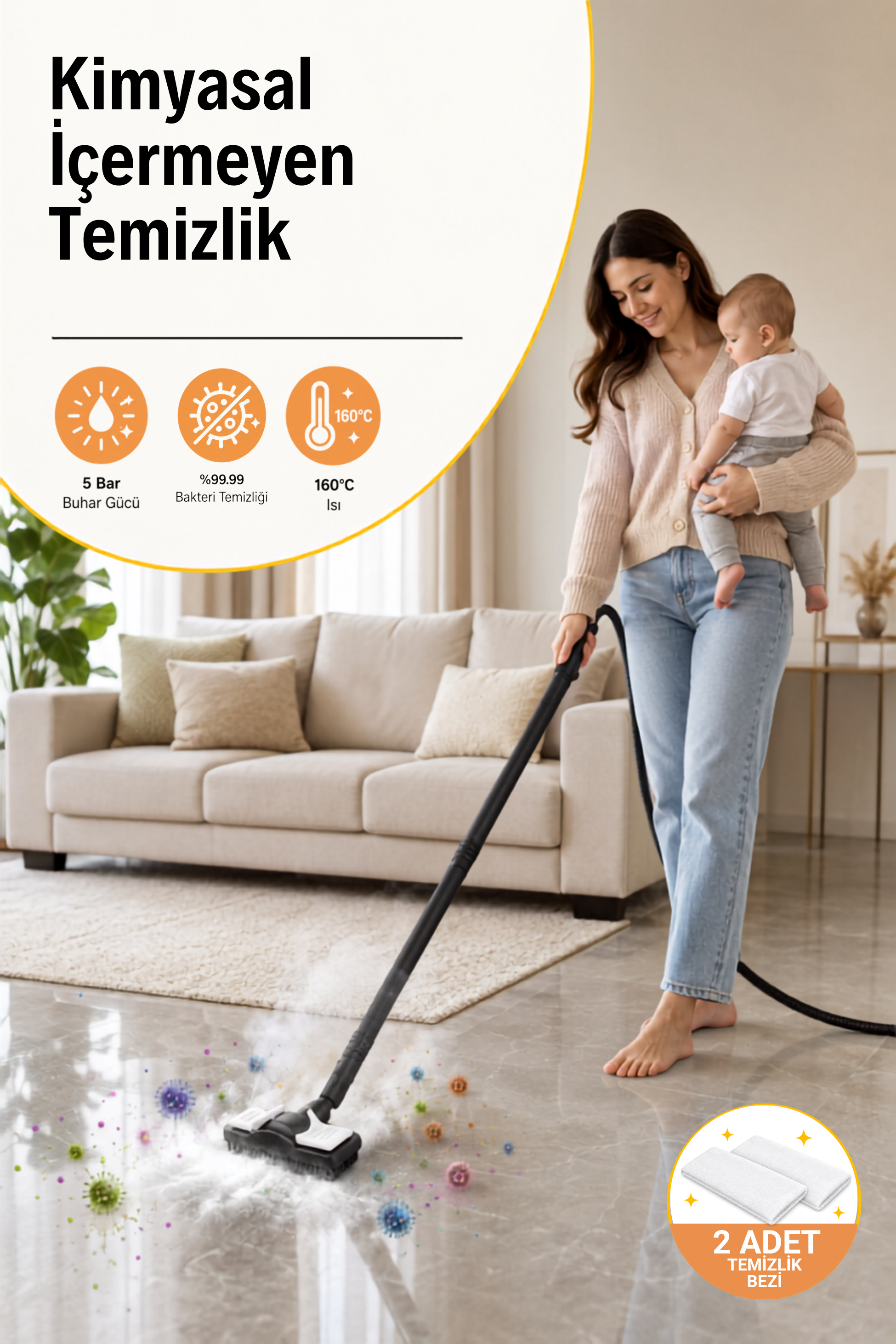 TIGRE Buharlı Temizleyici Çok Fonksiyonlu 25 Parça Buharlı Temizlik Makinesi - 2000W 5 Bar 