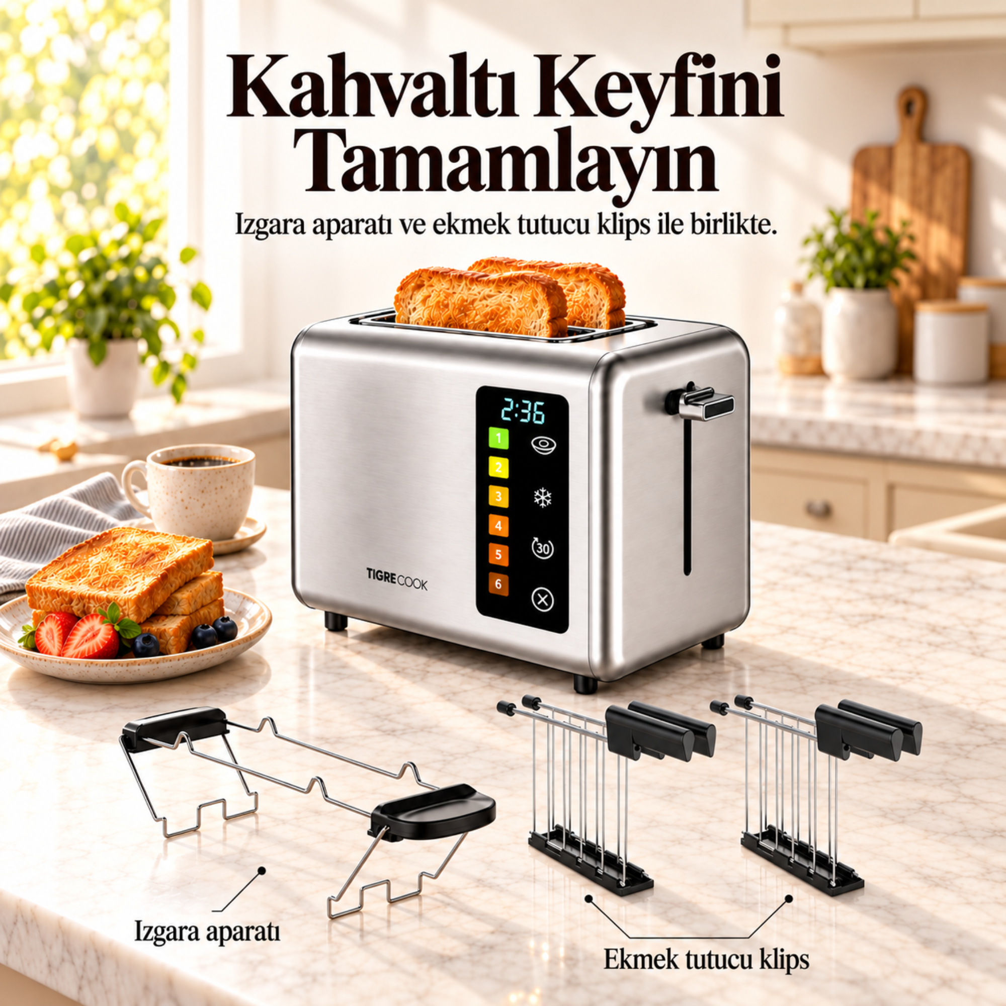 TIGRECOOK 2 Dilim Kapasiteli Dokunmatik Ekmek Kızartma Makinesi – 2 Tost Aparatı ve Ekmek Isıtma Rafı Dahil