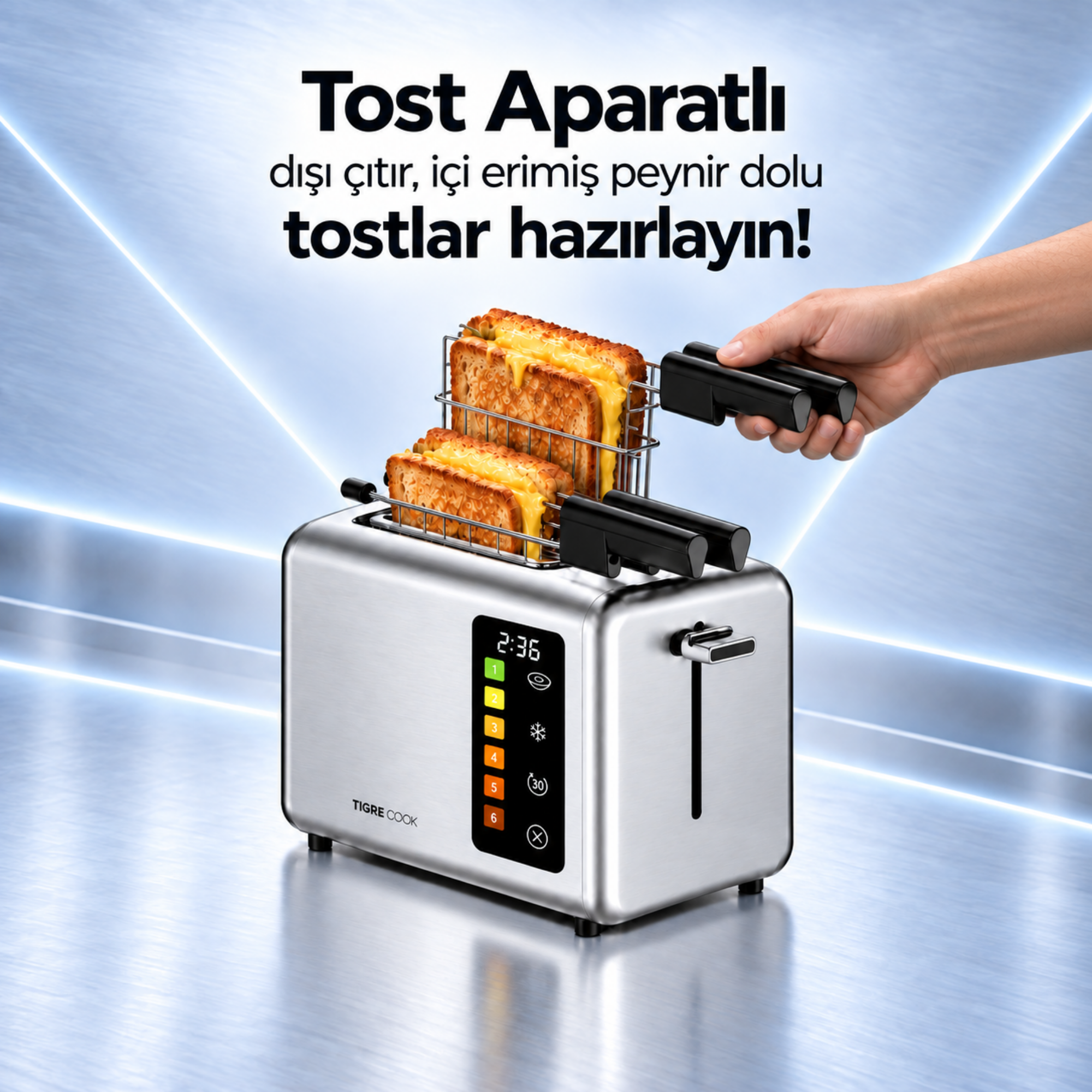 TIGRECOOK 2 Dilim Kapasiteli Dokunmatik Ekmek Kızartma Makinesi – 2 Tost Aparatı ve Ekmek Isıtma Rafı Dahil
