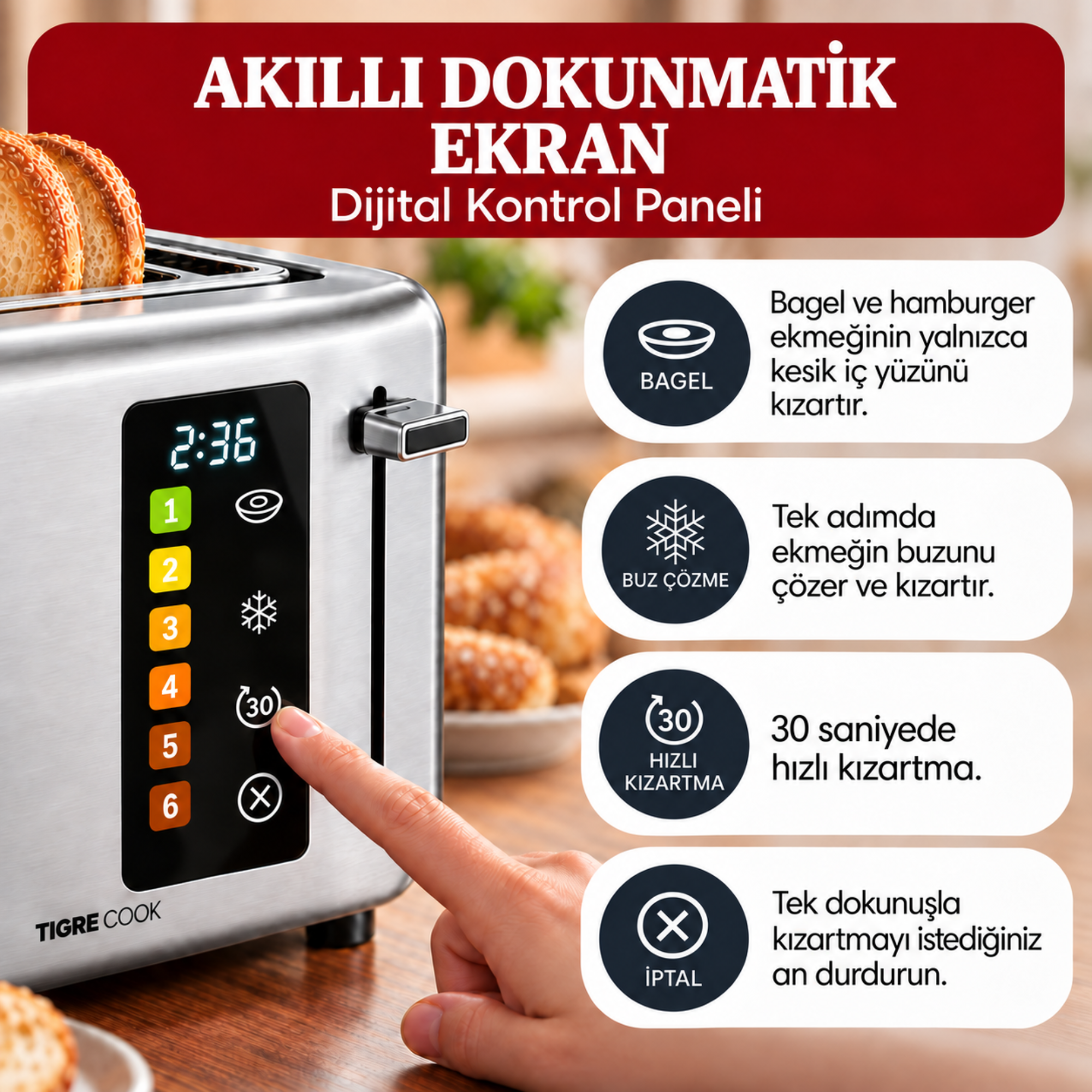 TIGRECOOK 2 Dilim Kapasiteli Dokunmatik Ekmek Kızartma Makinesi – 2 Tost Aparatı ve Ekmek Isıtma Rafı Dahil