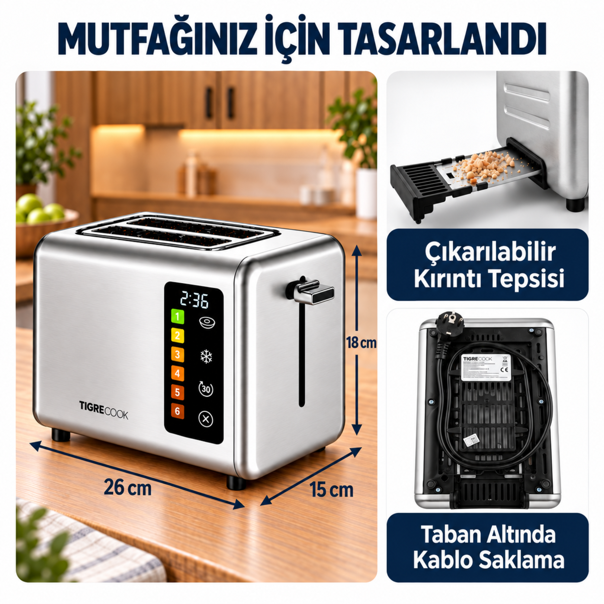 TIGRECOOK 2 Dilim Kapasiteli Dokunmatik Ekmek Kızartma Makinesi – 2 Tost Aparatı ve Ekmek Isıtma Rafı Dahil
