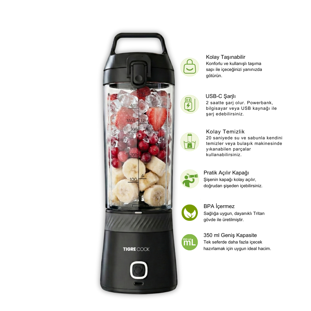 TIGRECOOK Blender Kişisel Taşınabilir Kablosuz Mikser ve Smoothie Makinesi, Güçlü, Şarj Edilebilir, 350 ML
