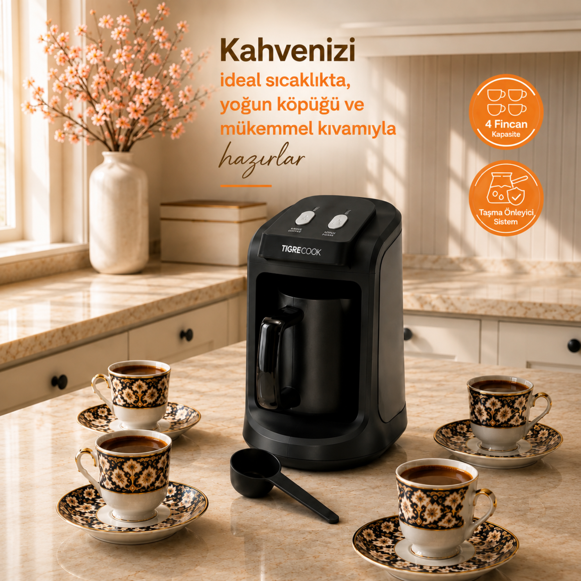 TIGRECOOK Közde Türk Kahvesi ve Türk Kahve Makinesi  4 Fincan Kapasiteli Bol Köpüklü