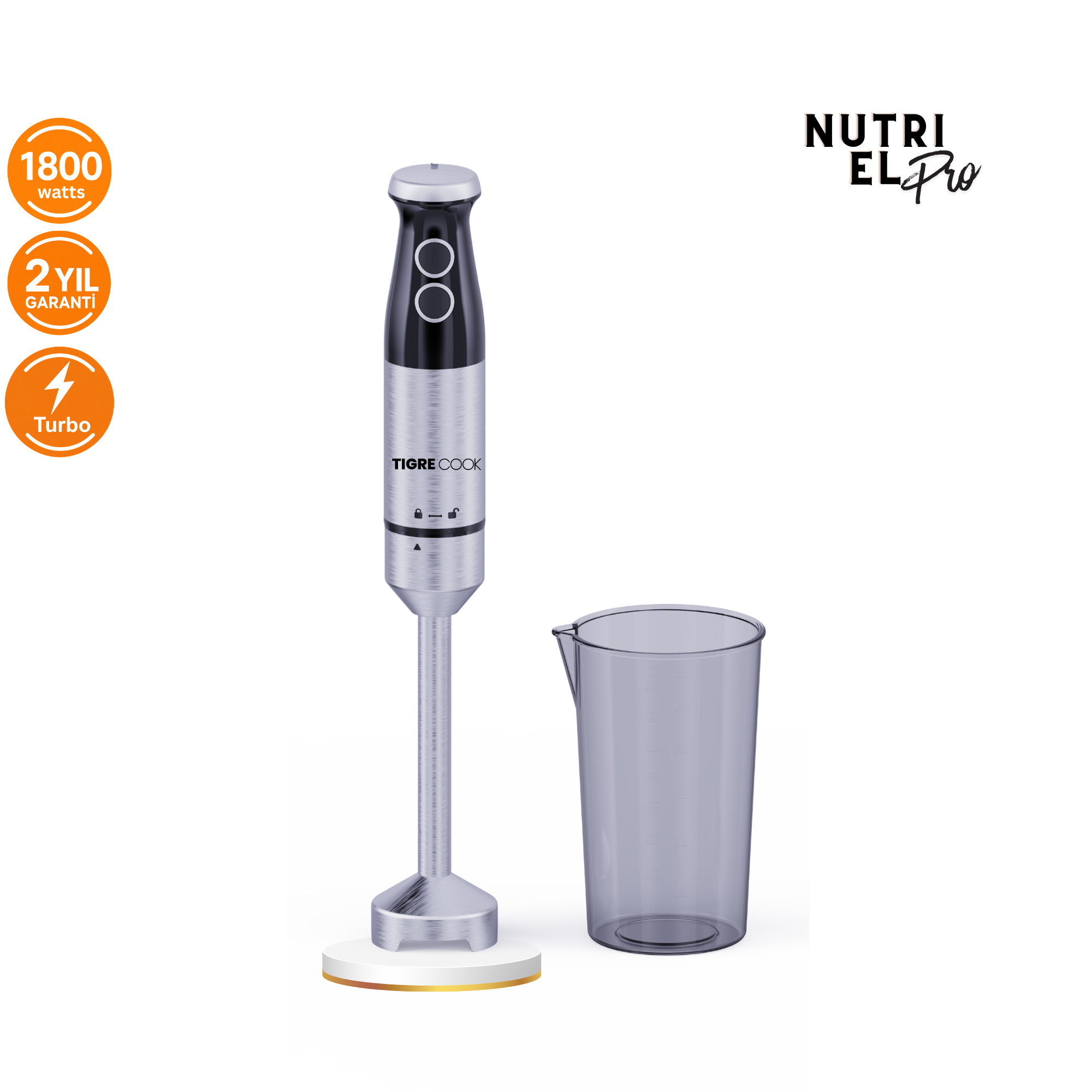 TIGRECOOK Turbo Çubuk El Blenderi – 1800W, 4 Bıçaklı Paslanmaz Çelik, Karıştırma Kabı 