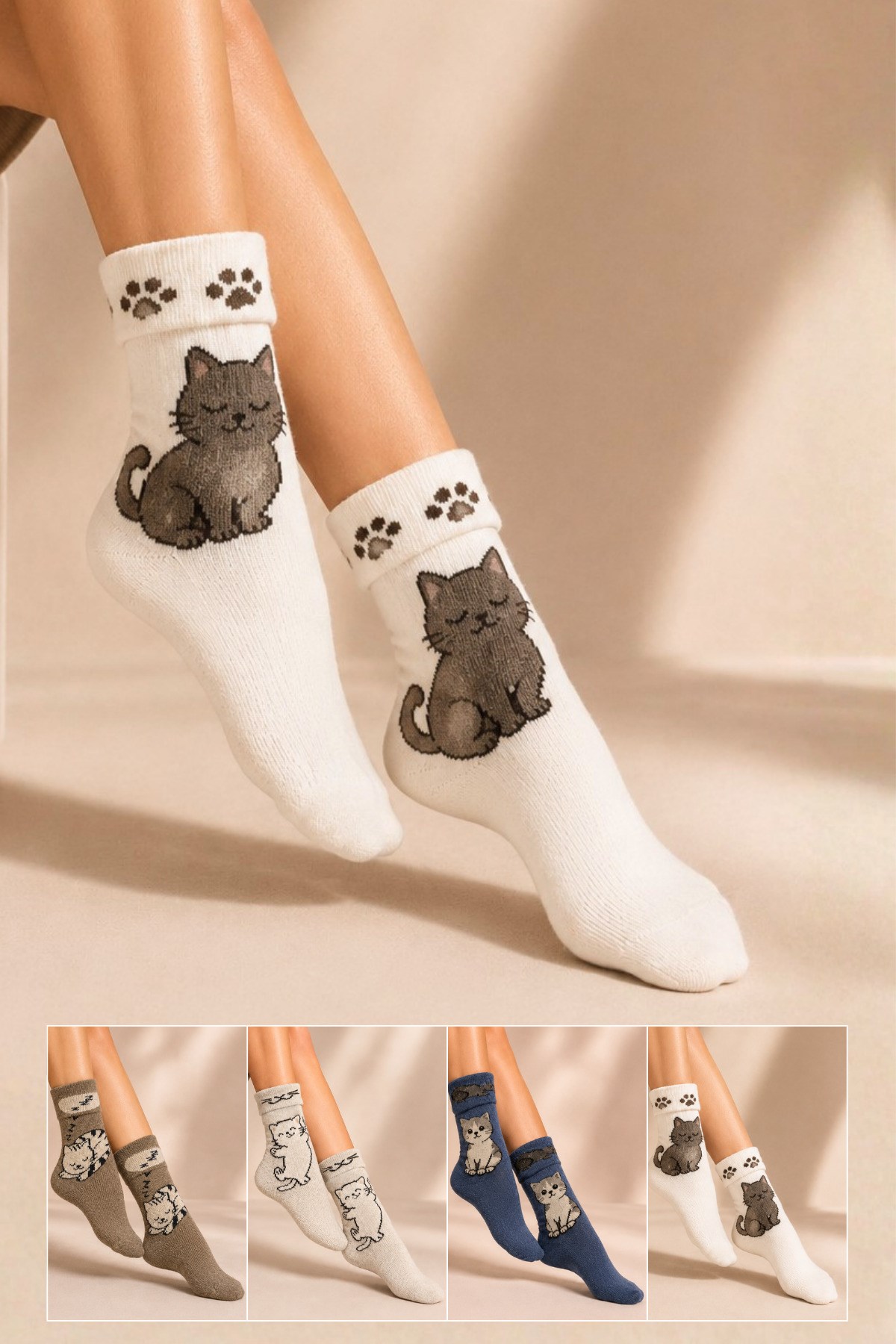 Kadın Desenli Kıvrık Havlu Lambswool Soket Çorap 4'lü Çorap - 36 - 40