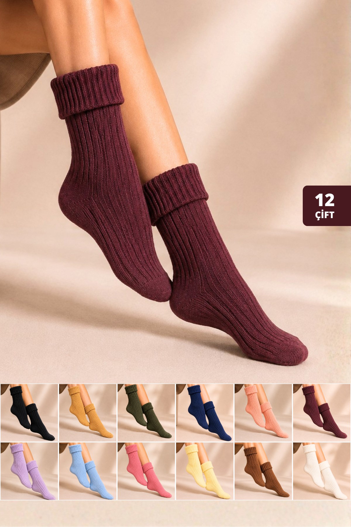 Kadın Kıvrık Lambswool Yün Yarım Konç Çorap 12'li Paket - 36 - 40