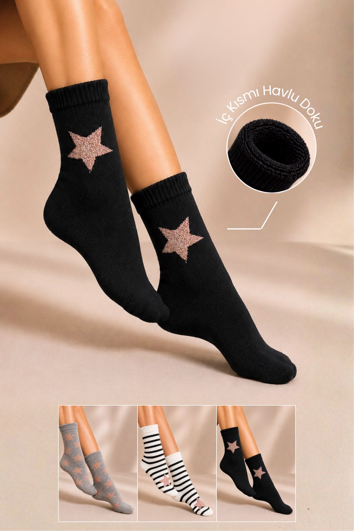 Kadın Lambswool Kışlık Soket Çorap 3'lu Paket - 36 - 40