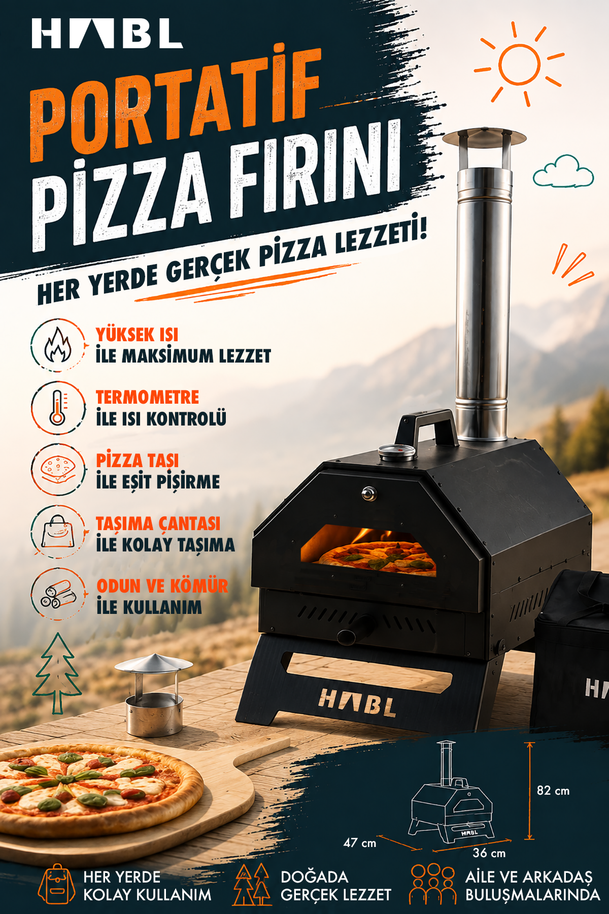 HABL Portatif Pizza Fırını Odun ve Kömürlü Taşıma Çantalı Pizza Taşı Dahil Kamp Tipi Fırın