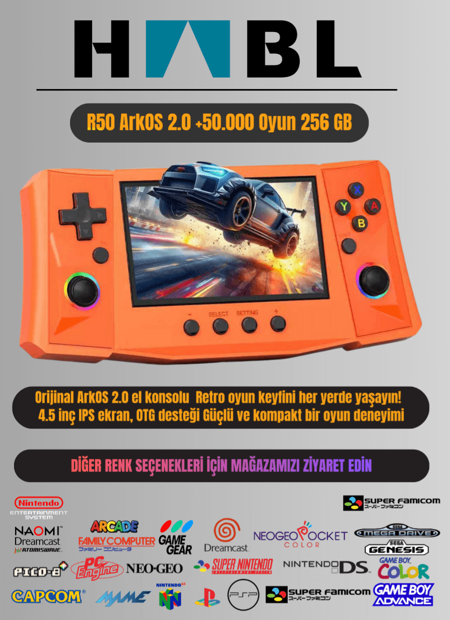 Habl R50 Arkos 2.0 +50.000 Oyunlu El Konsolu 256 GB Taşınabilir Retro Oyun Konsolu Turuncu