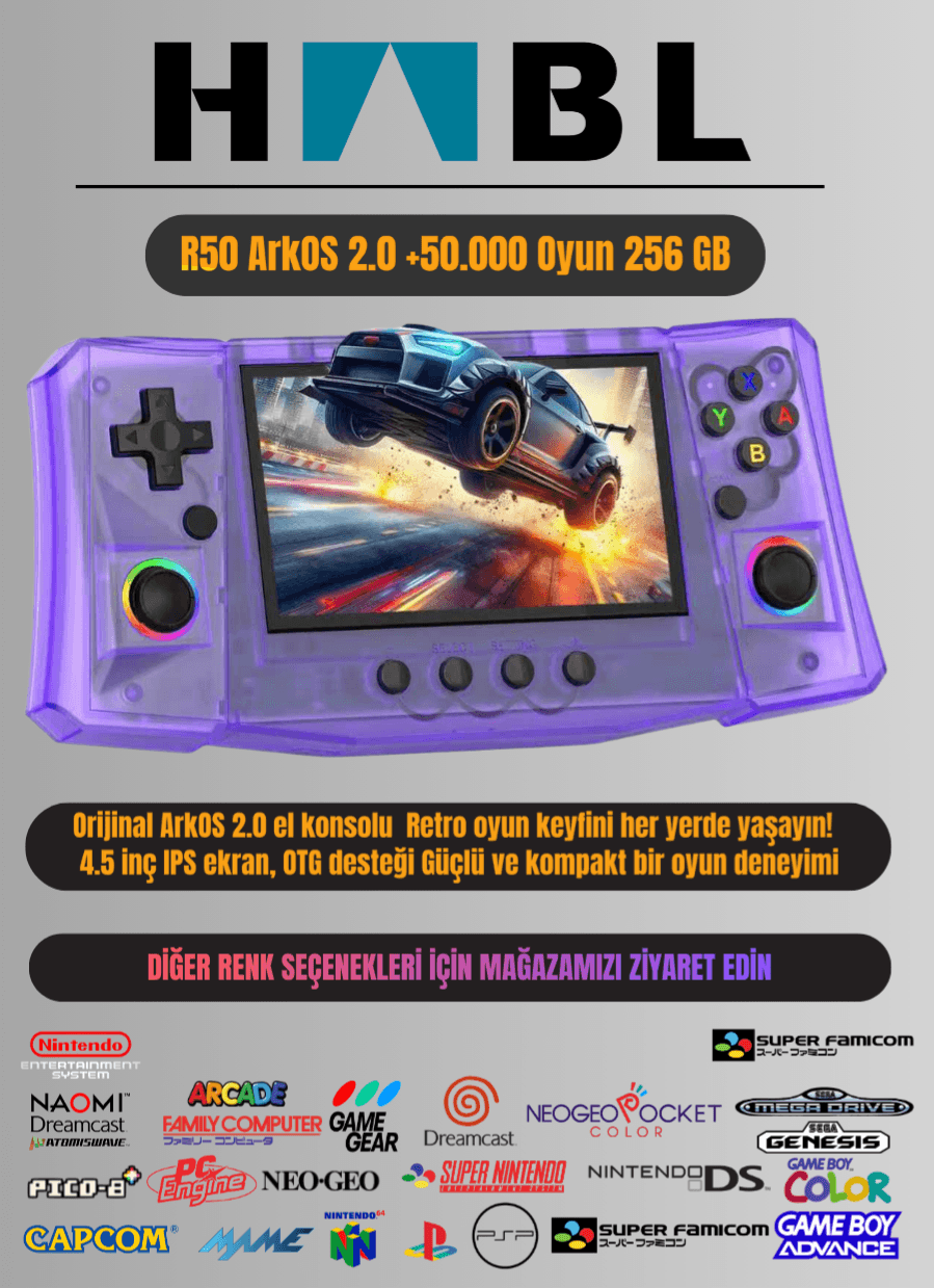 Habl R50 Arkos 2.0 +50.000 Oyunlu El Konsolu 256 GB Taşınabilir Retro Oyun Konsolu Mor