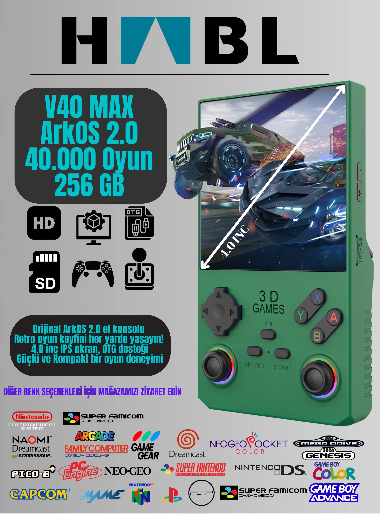 Habl V40 Max Arkos 2.0 +40.000 Oyunlu El Konsolu 256 GB Taşınabilir Retro Oyun Konsolu Yeşil